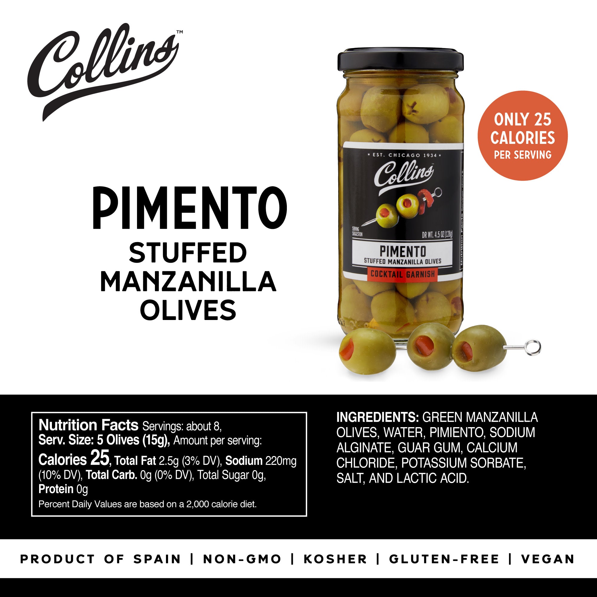 Premium Manzanilla Martini Pimento Stuffed Olives 5 oz (141g) - Spanish Green Olives for Cocktails, Charcuterie Boards & Gourmet Cooking