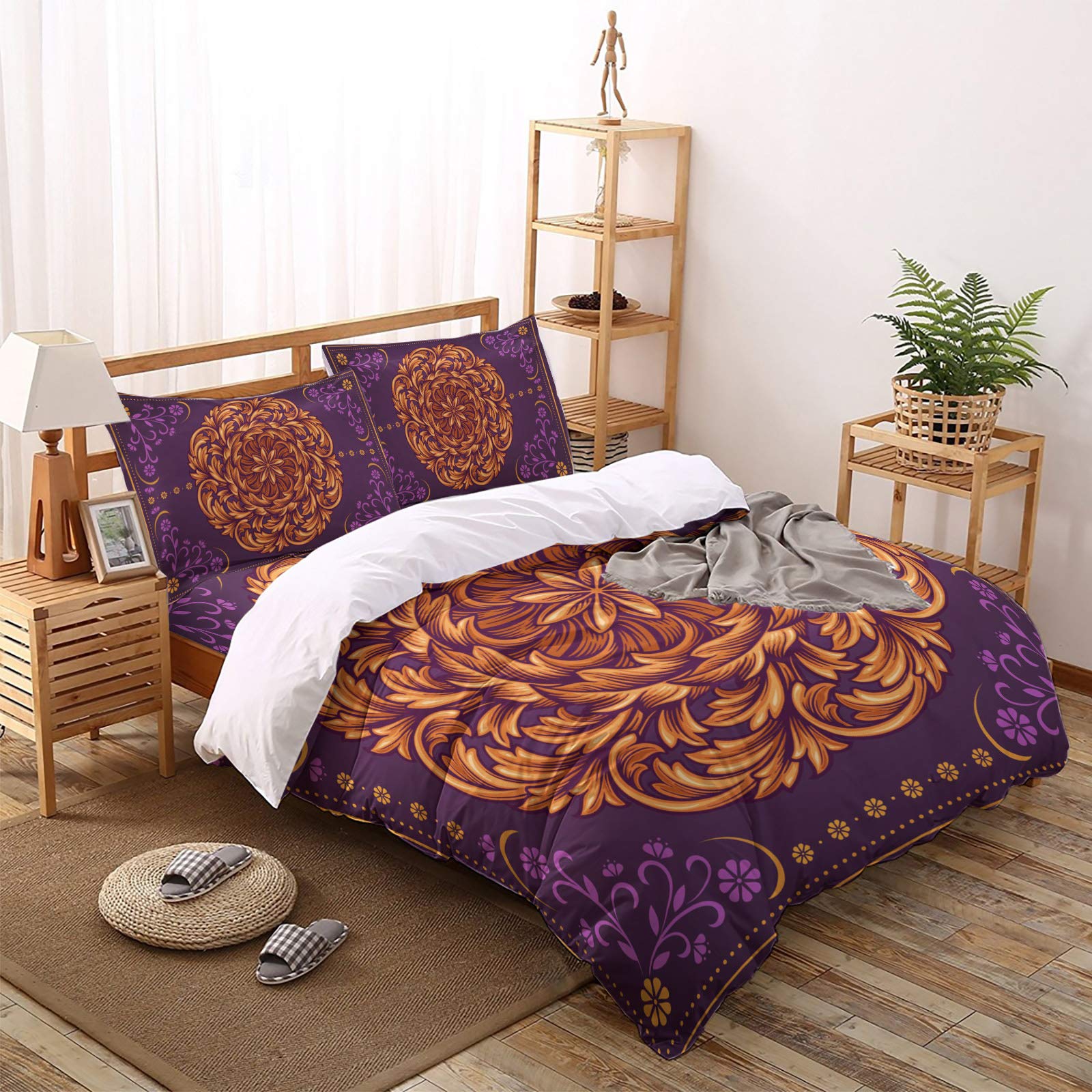 4-Piece Boho Mandala Floral Quilt Cover Set - Soft Round Golden Purple & Orange Flower Lace Bedding with Pillowcases (Full Size) for Cozy Bedroom Decor, Guest Room Makeover & Bohemian Style Home