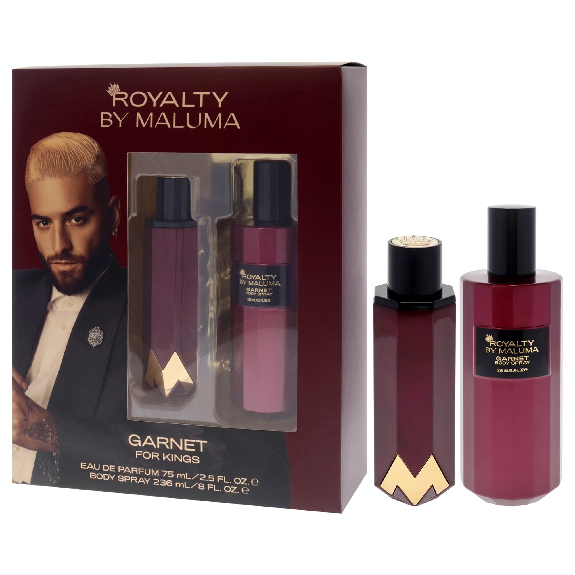 Garnet by Royalty By Maluma for Men - 2 Piece Gift Set (2.5oz EDP Spray + 8oz Body Spray) | Cologne & Fragrance Gift for Him | Date Night, Special Occasions