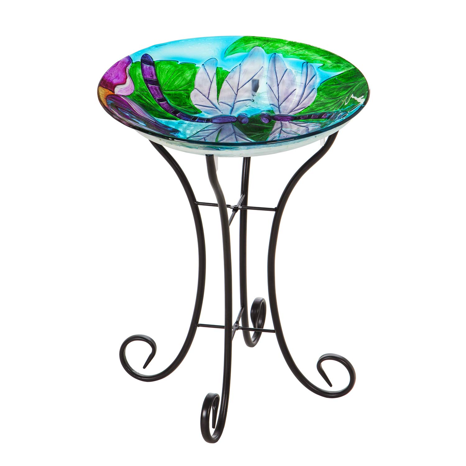 Evergreen Garden Dragonfly Duo Solar Glass Bird Bath - 18 x 2 x 18 Inches, 64oz Capacity | Outdoor Garden Decor for Patio, Lawn & Backyard | Solar-Powered Bird Feeder & Water Dish for Wild Birds | Perfect for Bird Watching & Garden Decoration