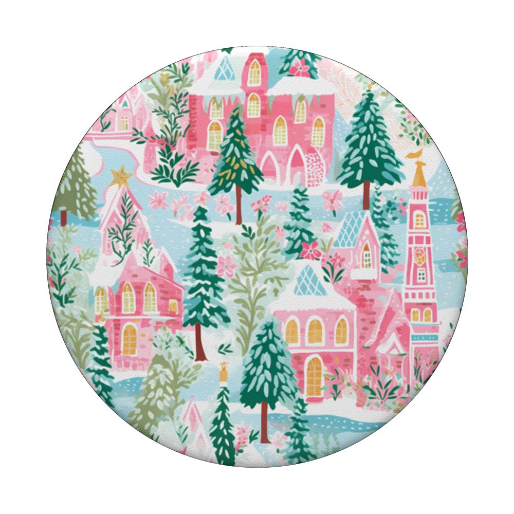 Preppy Pink Christmas Winter Village Illustration PopSockets Standard PopGrip - Perfect for Holiday Phone Accessories & Gift Giving