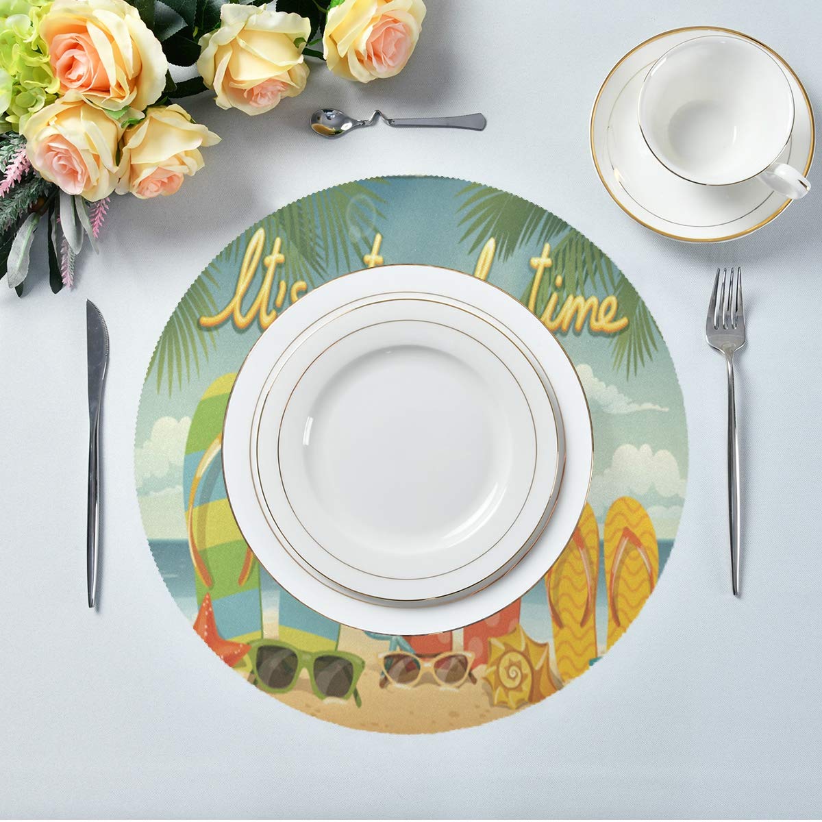 Wamika Summer Flip Flops Beach Round Placemat Set of 6 - 15.4 Inch Palm Tree Table Mats for Dining, Kitchen Decor - Perfect for Indoor Use, Beach Parties, and Tropical Themed Home Decor
