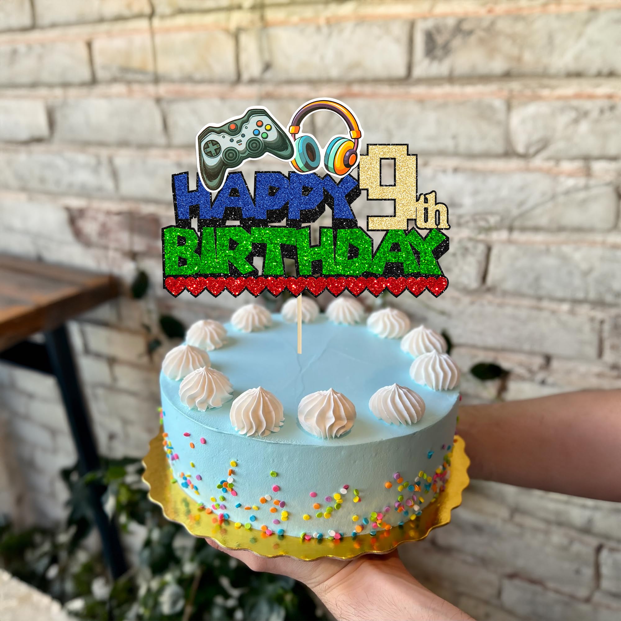 Ephlyn 1Pcs Glitter Video Game Birthday Cake Topper - 'Game On' Controller Design for 9th Birthday Party Decorations | Perfect for Gaming Themed Cakes & Happy 9th Birthday Celebrations
