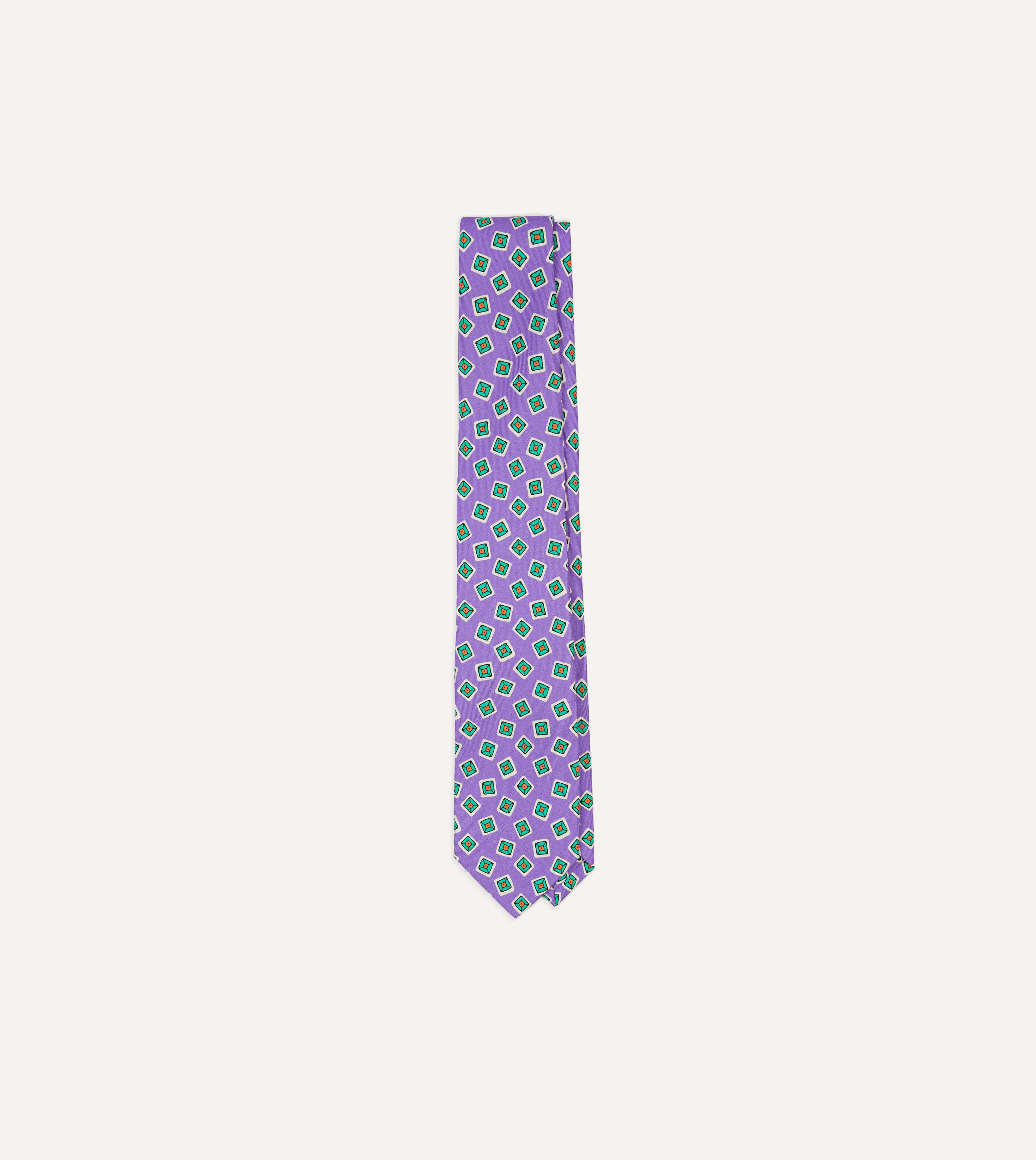 Elegant Purple Jumbled Tile Print Silk Necktie with Self-Tipped End - Perfect for Weddings, Business Meetings & Formal Occasions