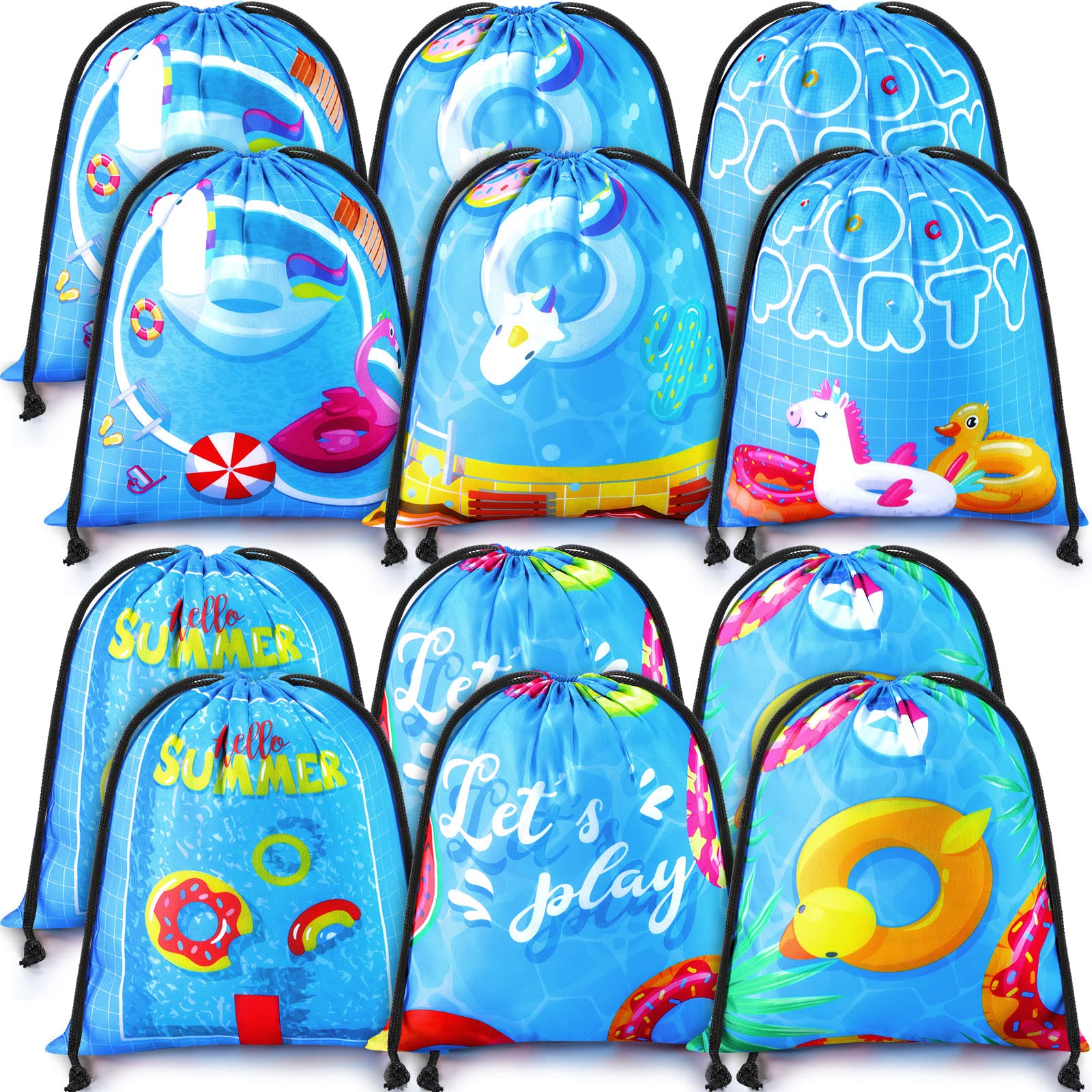 12 Pack Drawstring Beach Bags - Tropical Shark Theme Party Favors, Pool Party Supplies for Summer, Kids Goodie Bags - Perfect for Beach Outings, Poolside Gatherings & Summer Celebrations