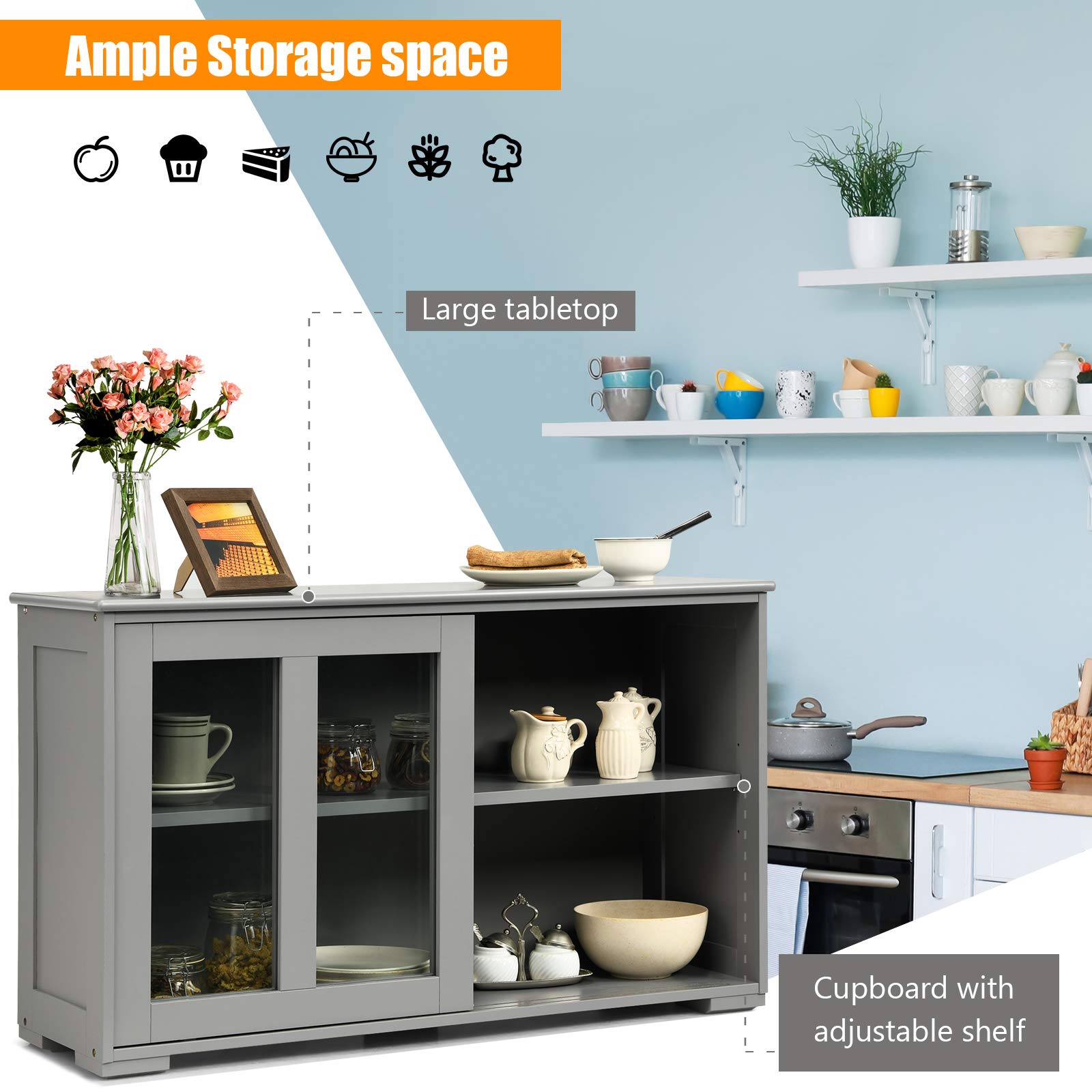Costzon Wooden Sideboard Buffet Cabinet with Adjustable Shelf & Sliding Glass Doors - Kitchen Storage Cabinet, Coffee Bar Console Table for Living Room, Dining Room, Hallway - Perfect for Home Decor & Entertaining (Grey)
