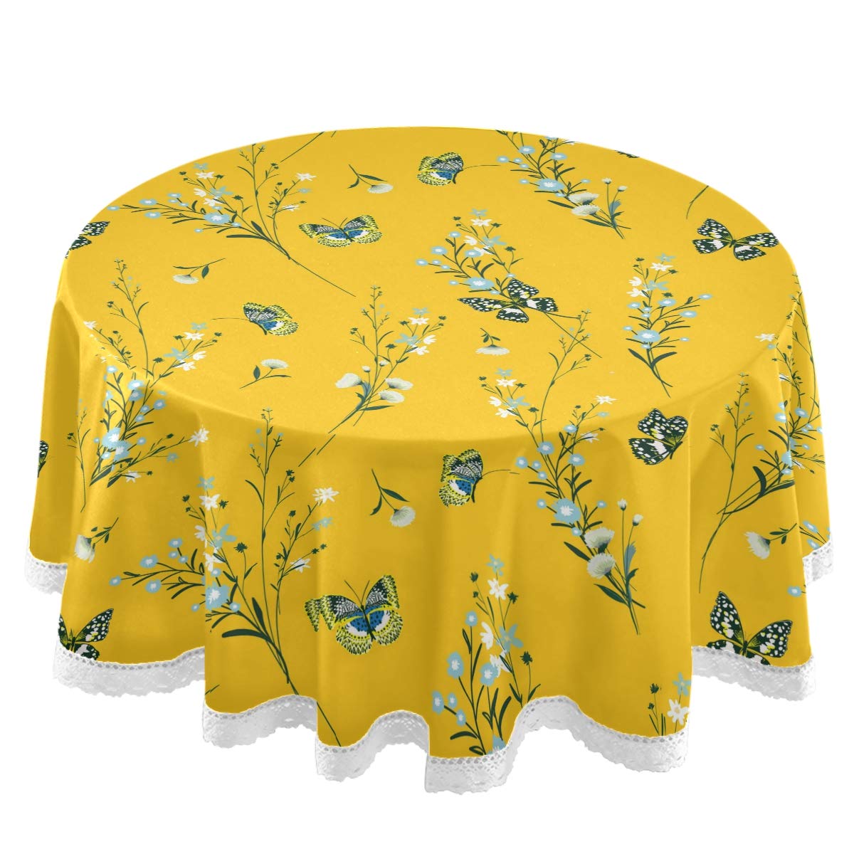 60 Inch Round Tablecloth - Blue Flower Yellow Polyester with White Lace Trim, Butterfly Meadow Design for Party & Dinner Table Decor | Perfect for Weddings, Baby Showers & Outdoor Events
