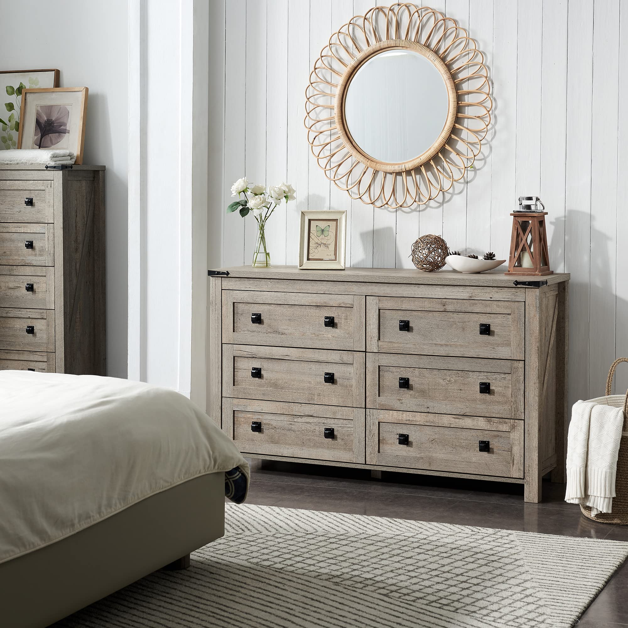 Farmhouse 6-Drawer Wood Dresser - Rustic Oak Storage Chest for Bedroom, Living Room & Hallway | Wide Drawer Organizer for Clothes, Linens & Home Decor