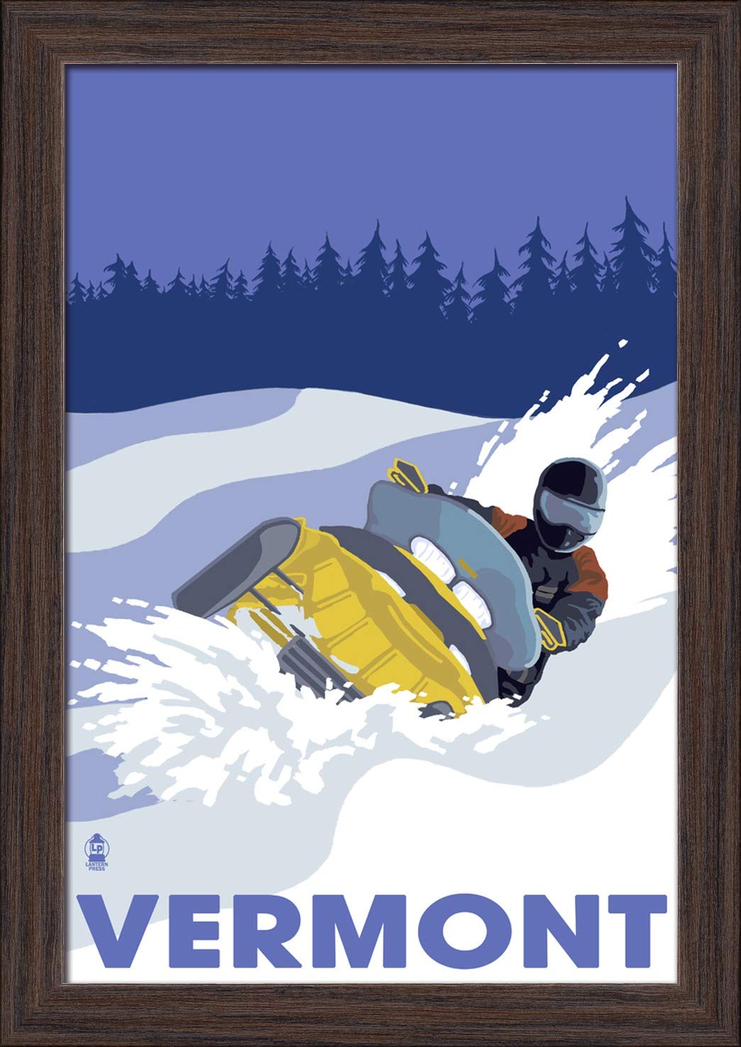 Vermont Snowmobile Scene - 12x18 Giclee Fine Art Print in Eco-Friendly Recycled Wood Frame (Espresso Brown) - Perfect for Living Room, Office or Cabin Wall Decor