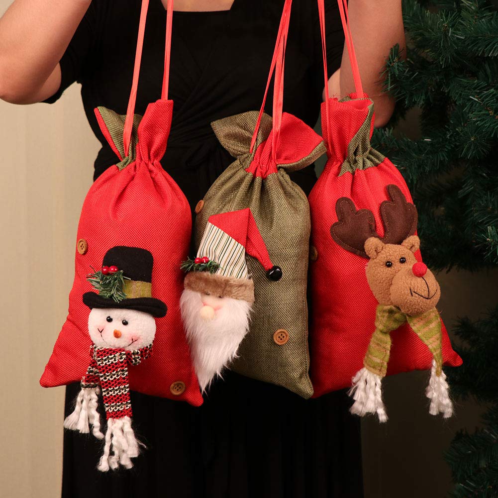 OurWarm 3D Santa Claus Snowman Reindeer Christmas Gift Bags Bulk - 15x8 Inch Large Drawstring Burlap Sacks, Reusable Xmas Party Treat Goody Bags for Holiday Gifting, Stocking Stuffers & Festive Decorations