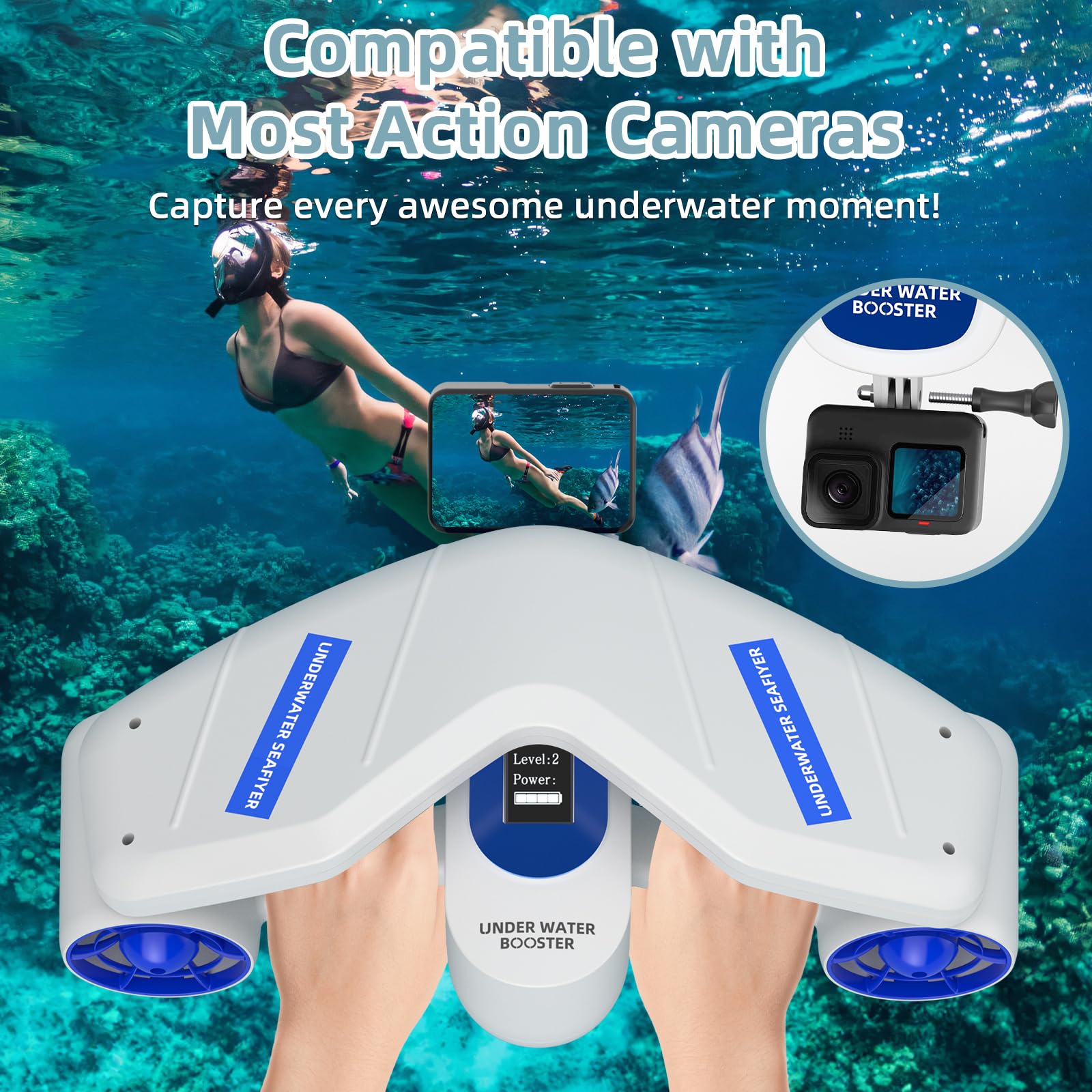 Premium Underwater Scooter for Adults & Kids - 2 Speed Modes, 26LBS Thrust, Action Camera Mount - Portable Water Scooter for Snorkeling, Scuba Diving, Pool & Lake Adventures - Waterproof & Lightweight Design for Easy Travel - Perfect for Family Vacations, Beach Trips & Underwater Exploration