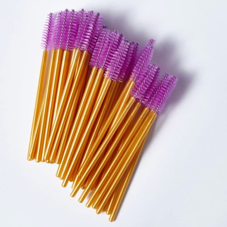 50 Pcs Disposable Eyelash Brush Mascara Spoolie Wands - Gold Design (Purple Pink) for Lash Extensions, Eyelash Lift & Eyebrows - Professional Makeup Artist Tools for Salon & Home Use