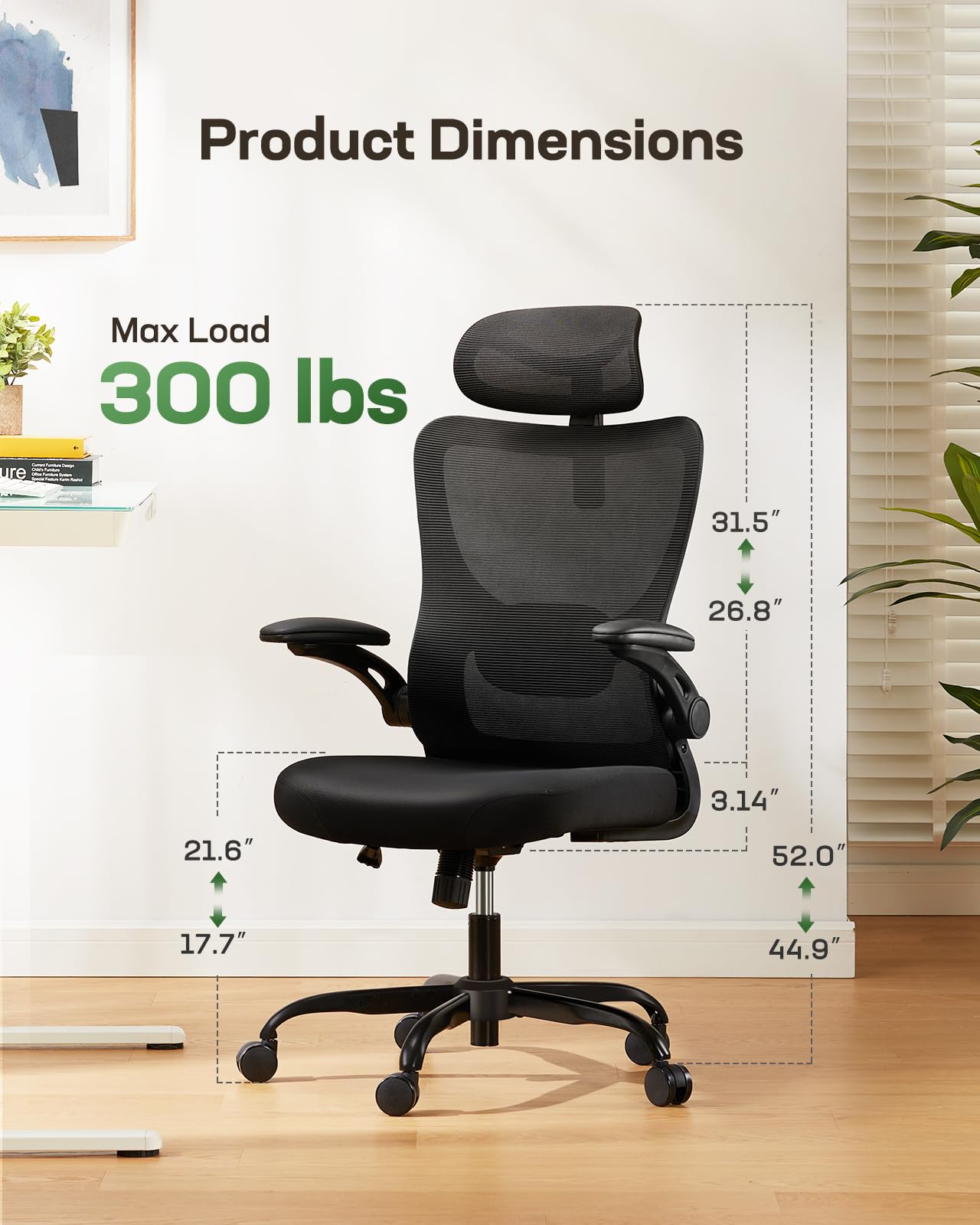 Ergonomic Office Chair with Headrest & Lumbar Support - Adjustable Mesh Computer Desk Chair with 3D Armrests & Wheels - Perfect for Home Office, Gaming, and Workspace Comfort