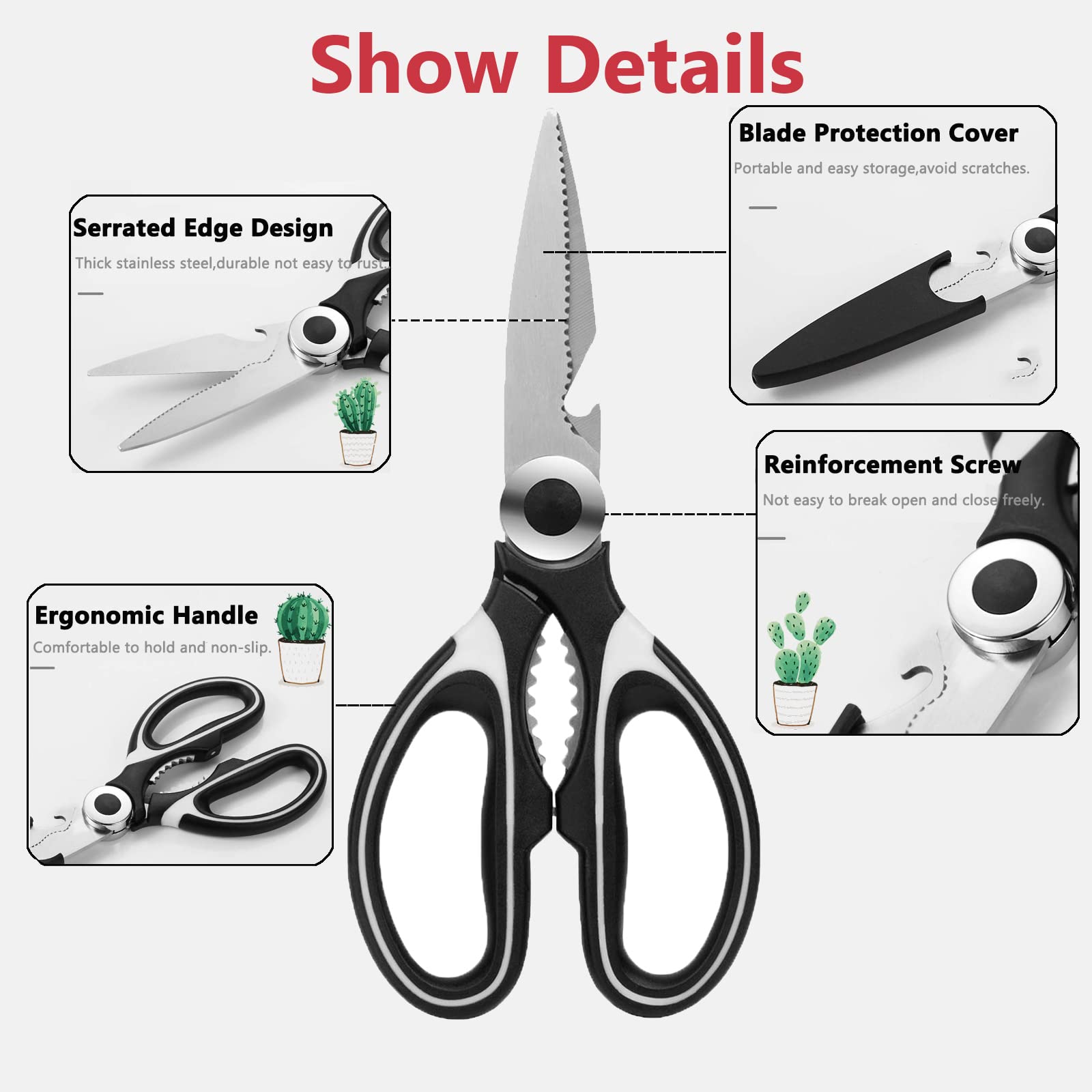 Heavy Duty Stainless Steel Kitchen Scissors - 2 Pack Multipurpose Cooking Shears for Cutting Chicken, Meat, Fish, Vegetables, Herbs, Bones & Nuts - Perfect for Food Prep, BBQ, Poultry & Floral Arrangements