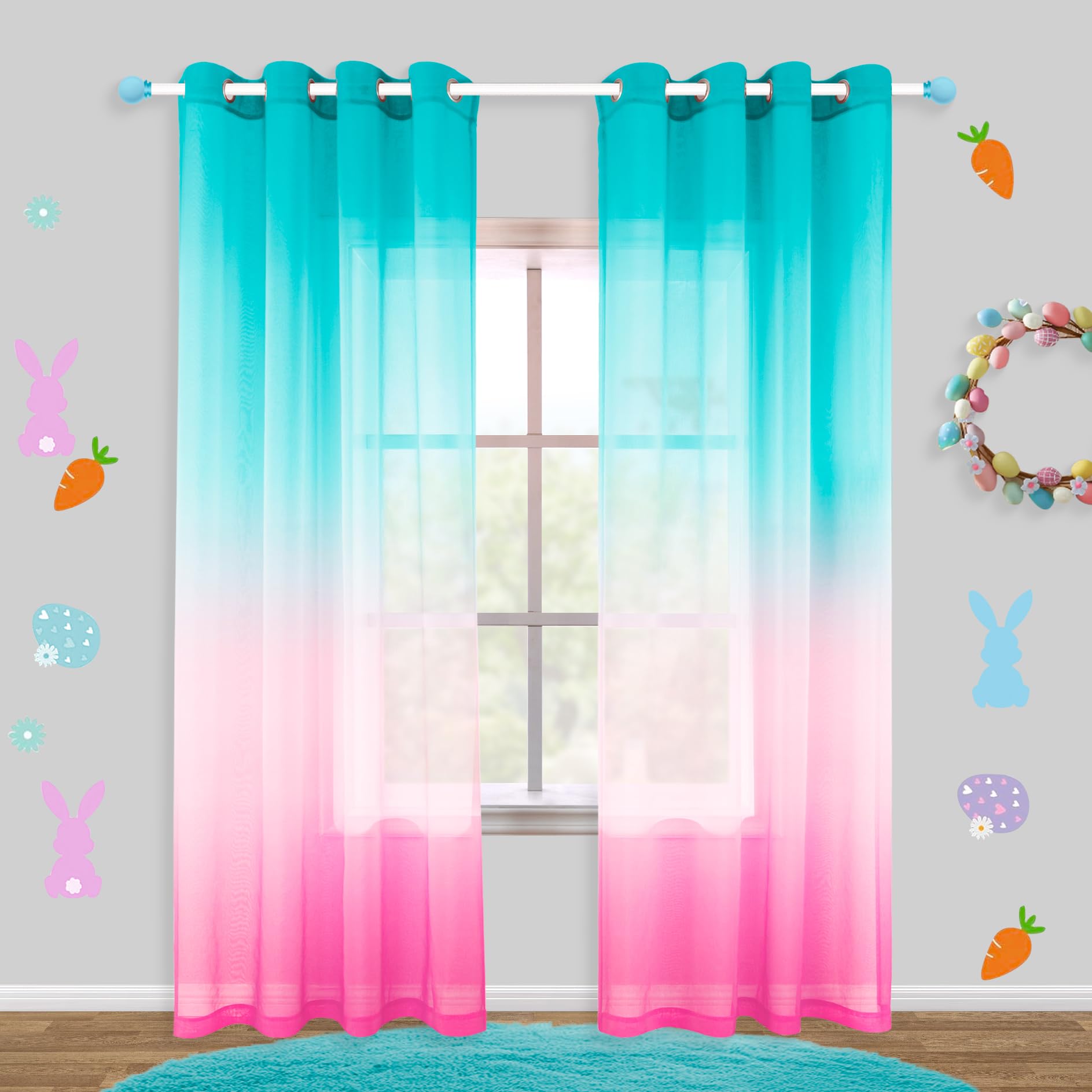 KOUFALL 84 Inch Kids Curtains for Girls Room - Aqua Teal and Pink Blackout Window Curtains for Bedroom, Nursery & Living Room Decor - Perfect for Girls' Bedroom, Playroom & Dorm Room