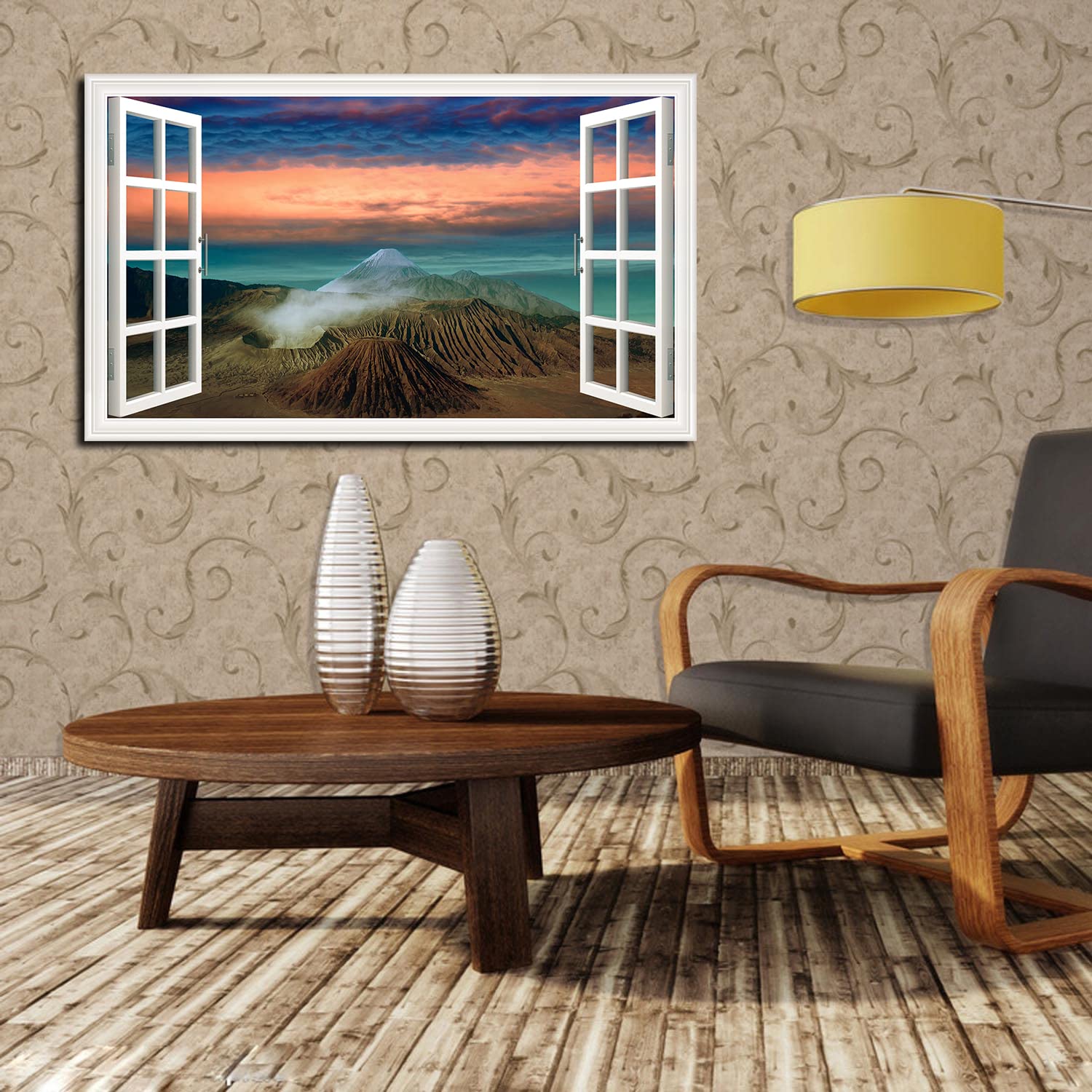 Volcano Landscape Canvas Art - Fake Open Window Wall Decor with Framed Painting for Living Room, Office, Bedroom - Ready to Hang - Perfect for Home & Office Decoration