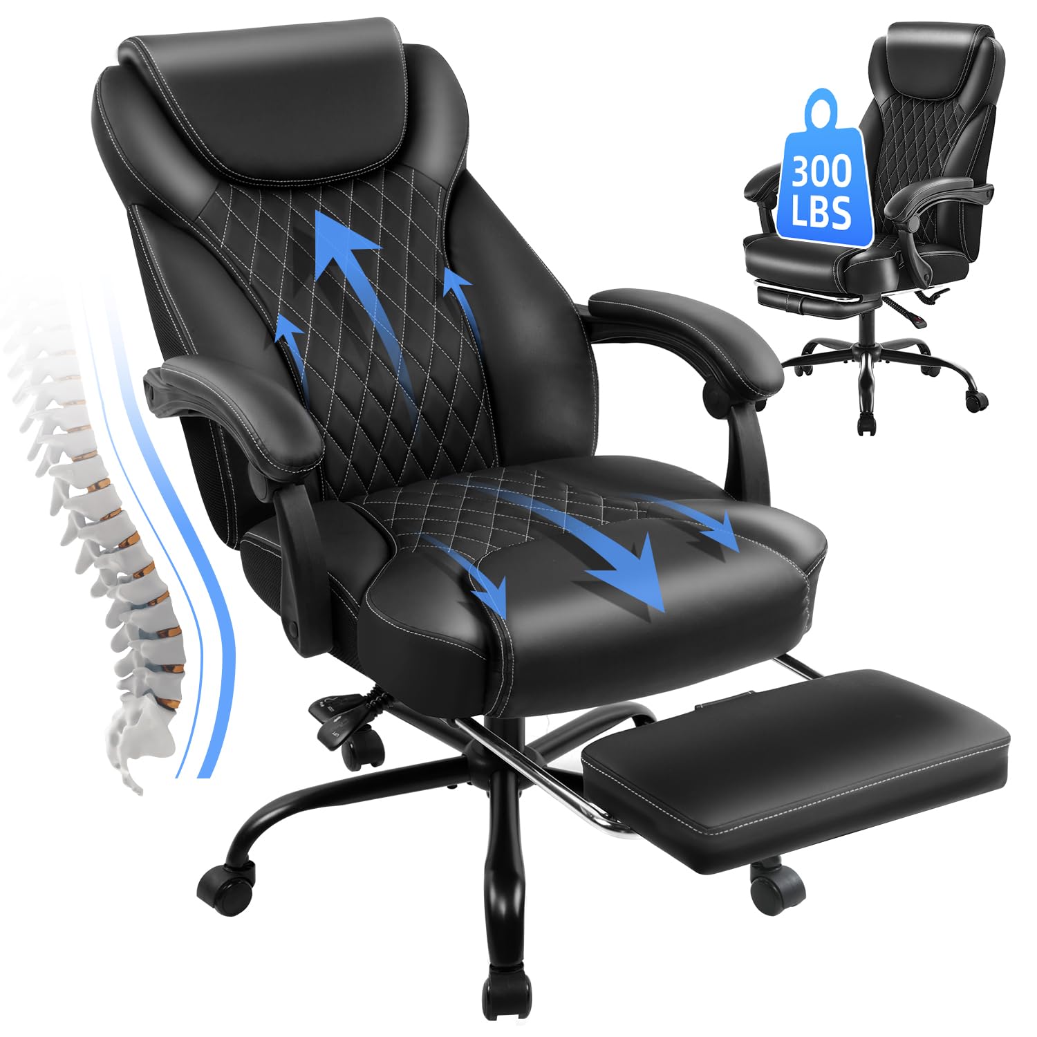 Ergonomic Big and Tall Office Chair with Footrest & Lumbar Support - High Back Reclining Leather Desk Chair for Home Office (Black) - Perfect for Long Work Hours & Gaming Sessions