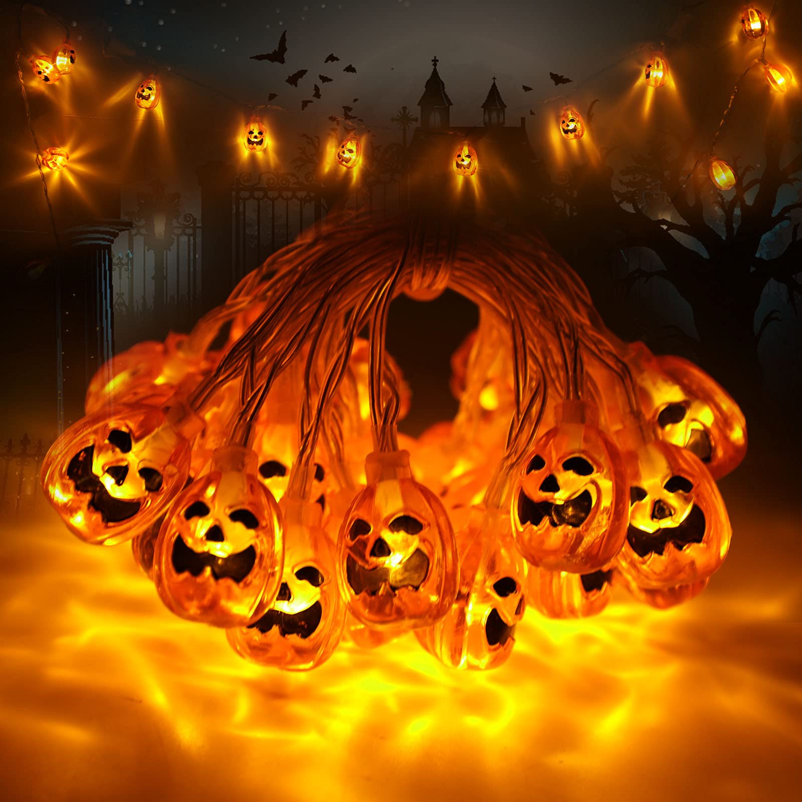 30 LED 10ft 3D Pumpkin String Lights - 8 Modes Flickering Halloween Fairy Lights, IP44 Waterproof & Battery Operated for Indoor/Outdoor Decor - Perfect for Halloween Porch, Yard, Party, and Home Decoration