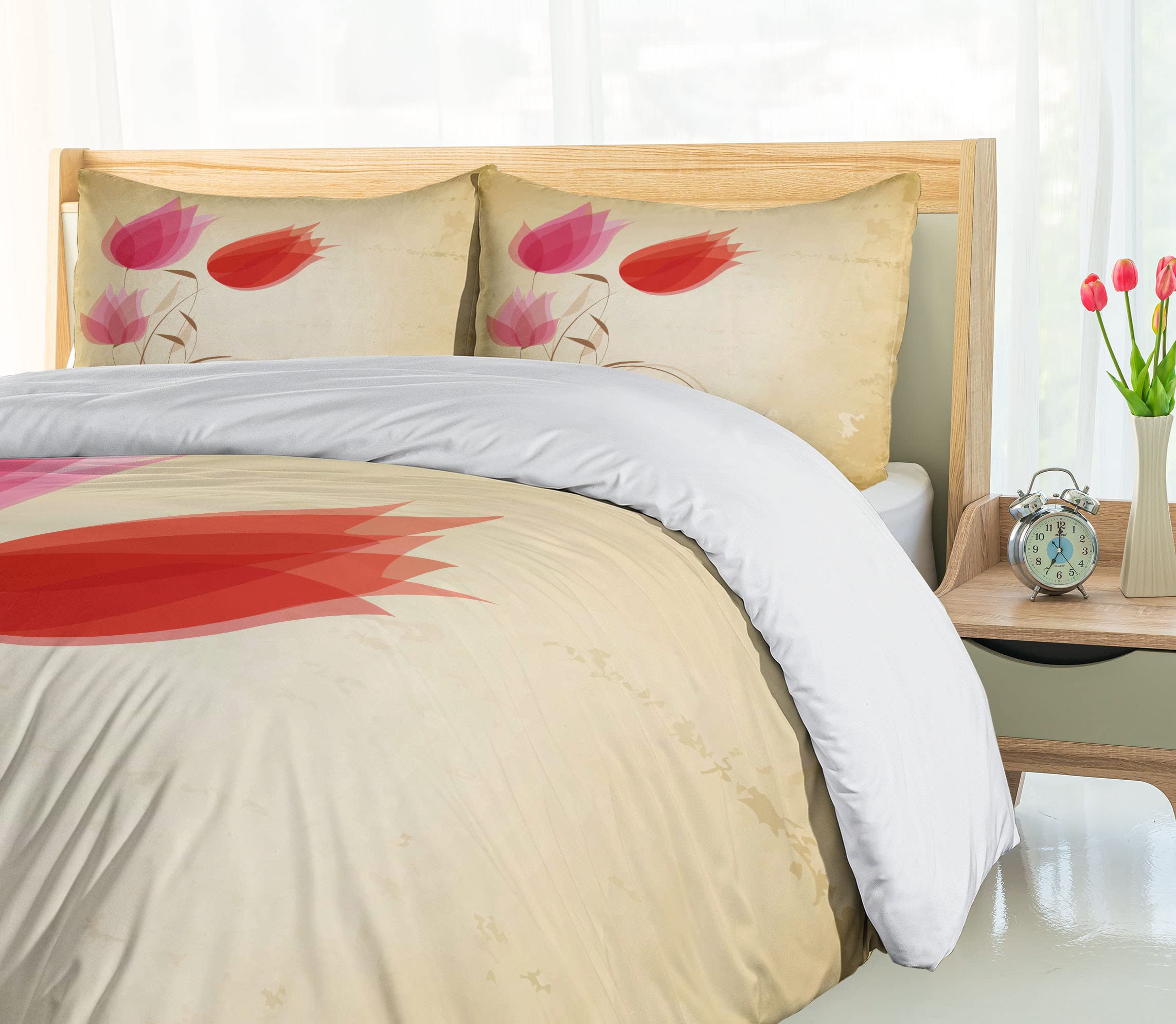 Ambesonne Floral Duvet Cover Set - Queen Size 3-Piece Bedding with 2 Pillow Shams | Tulip Flower Design in Sand Brown, Red & Pink | Nature-Inspired Home Decor for Bedroom, Guest Room & Dorm