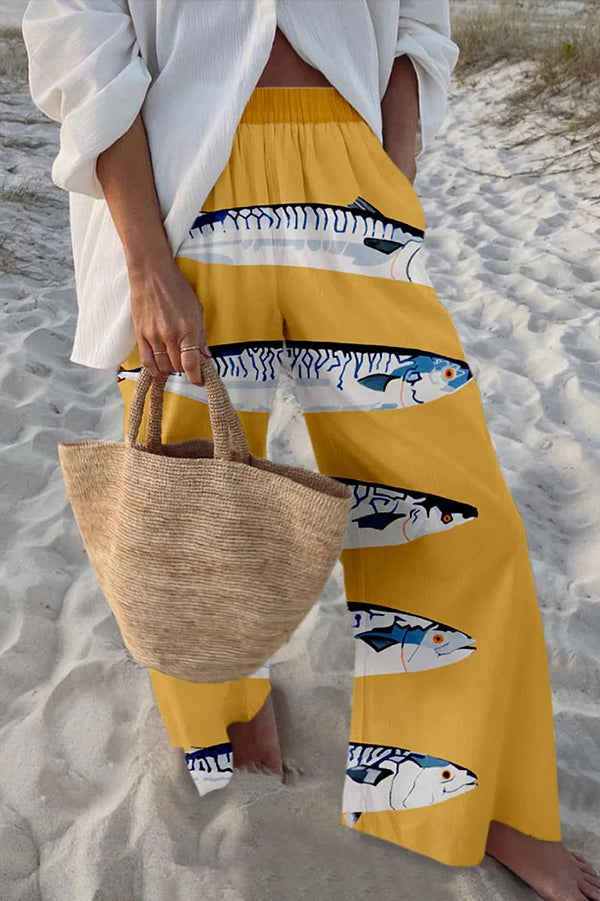 Stylish Marine Print Elastic Waist Loose Pocket Pants for Women - Comfortable Beachwear & Casual Summer Outfits