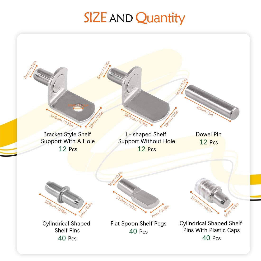 156 Pcs 6 Styles Nickel Plated Shelf Pins with Plastic Caps - Cabinet & Furniture Shelf Support Pegs Bracket Kit - Perfect for IKEA, Closet, Bookshelf, and DIY Storage Organization