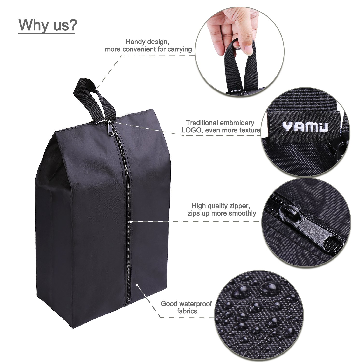 YAMIU Waterproof Travel Shoe Bags Set of 4 - Nylon Zipper Shoe Organizers for Men & Women (Black) - Perfect for Gym, Business Trips & Vacation Packing