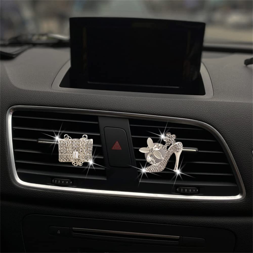 Sparkly Rhinestone Car Vent Clips - 4 Piece Set (High Heel, Magic Bag, Crown) | Bedazzled Car Accessories for Girls | Car Interior Decorations & Cute Dashboard Charms - Perfect for Gifts, Parties & Vehicle Customization