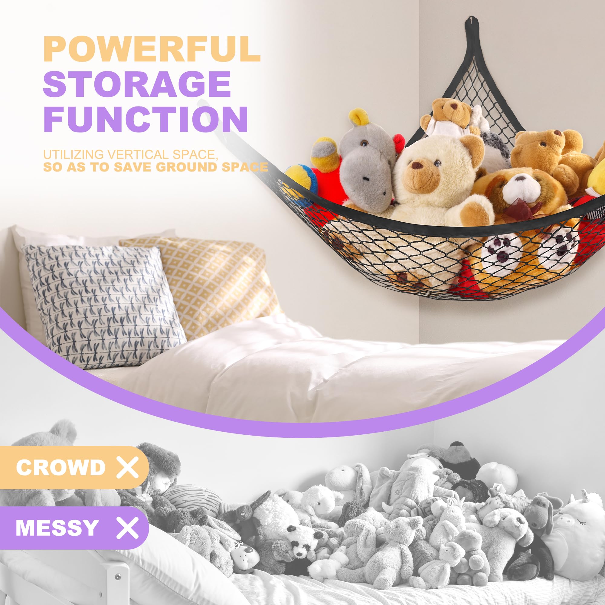 Plush Toy Storage Hammock for Stuffed Animals - Kids Room Organizer & Decor - Easy Hang with Anchors & Hooks - 1 Pack Black - Perfect for Nursery, Playroom & Bedroom Organization