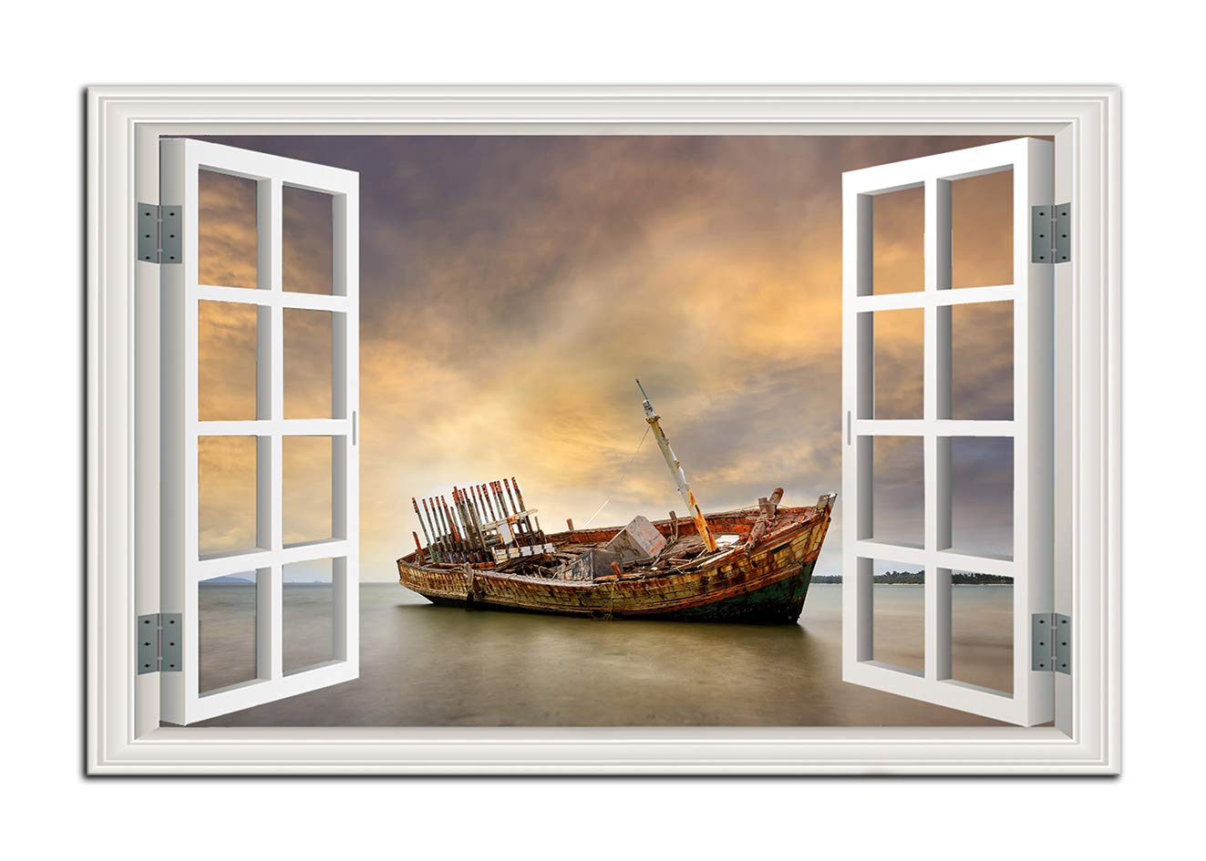 Urttiiyy Framed Canvas Wall Art - Abandoned Fishing Boat Beach Sunset Seascape Landscape Painting, Stretched & Ready to Hang - Coastal Home Decor for Living Room, Bedroom, Office (16x24 Inches) | Perfect for Beach House, Nautical Theme or Coastal Inspired Interior Design