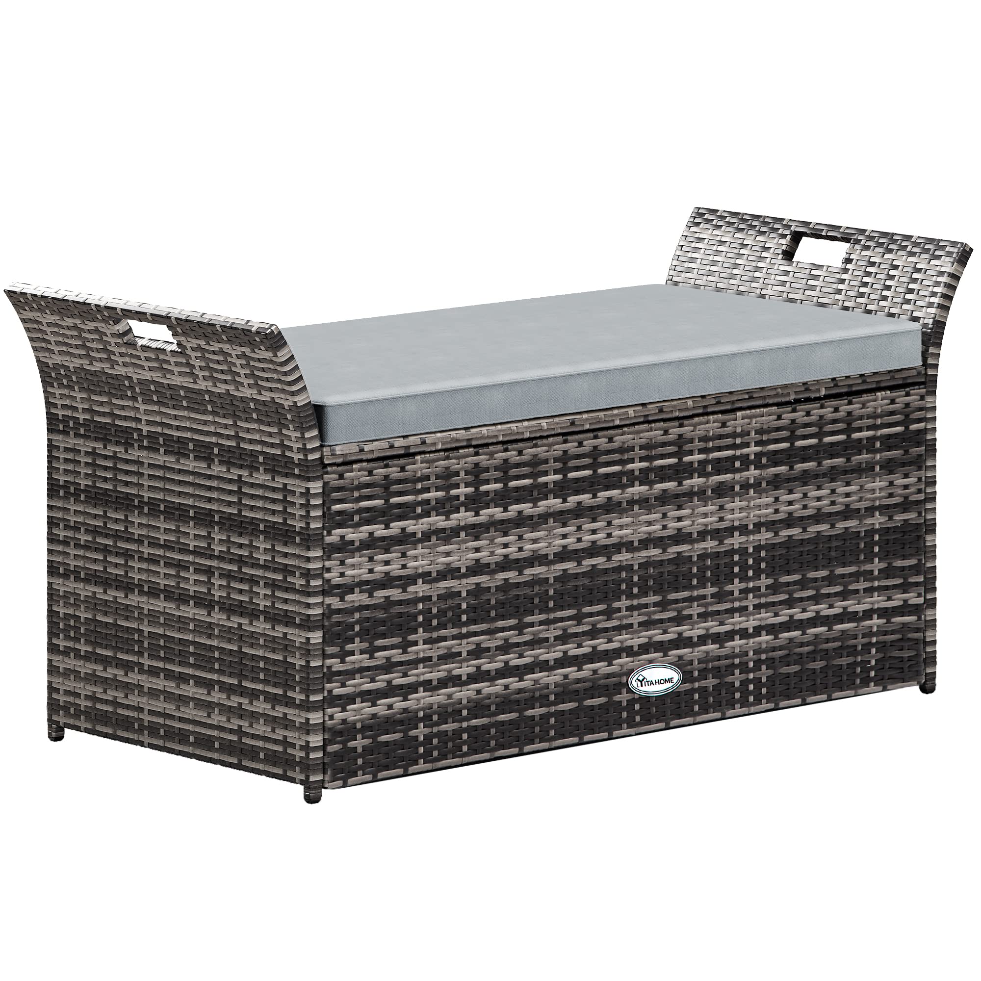 YITAHOME 90 Gallon Outdoor Wicker Storage Bench with Cushion - Large PE Rattan Deck Storage Box with Handles & Hydraulic Lid - Perfect for Patio Furniture, Cushions, Garden Tools, Pool & Sports Equipment - Light Gray - Ideal for Backyard, Deck, Poolside & Outdoor Storage Organization