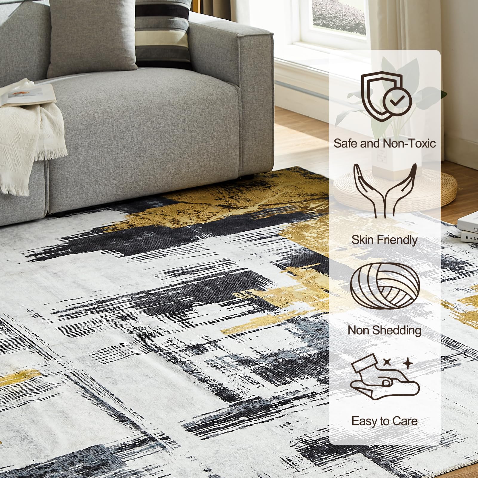 6'x9' Machine Washable Abstract Area Rug - Non-Slip Modern Woven Boho Carpet for Living Room, Bedroom, Kitchen & Office - Soft Home Decor in Black | Perfect for High-Traffic Areas & Pet-Friendly Spaces