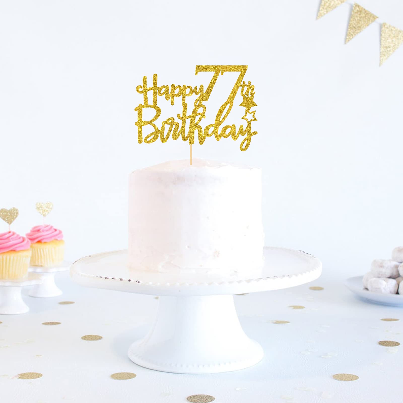 Gold Glitter Happy 77th Birthday Cake Topper - 77 Sign Cake Decoration - Cheers to 77 Years Party Supplies - 77th Birthday Party Decor for Anniversary Celebration, Retirement Party & Milestone Events