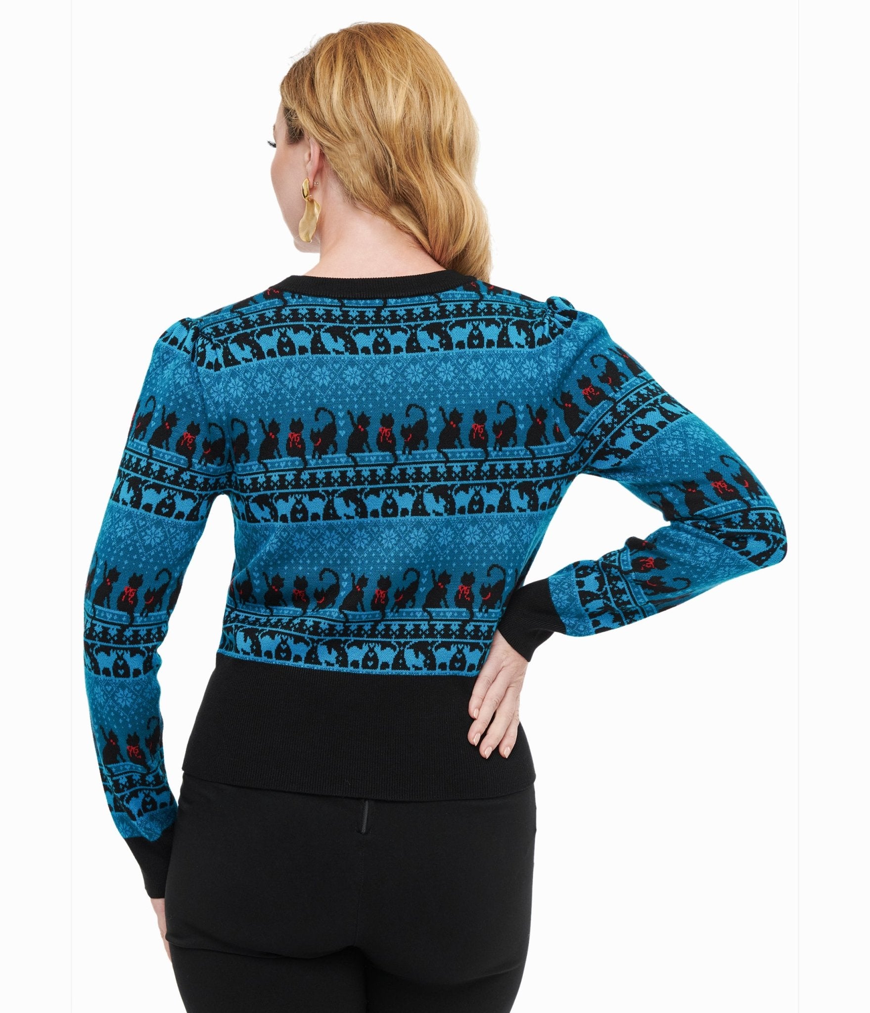 Vintage 1950s Teal Snowflake & Cat Christmas Sweater - Retro Holiday Knit Pullover for Women, Perfect for Ugly Sweater Parties & Winter Festive Gatherings