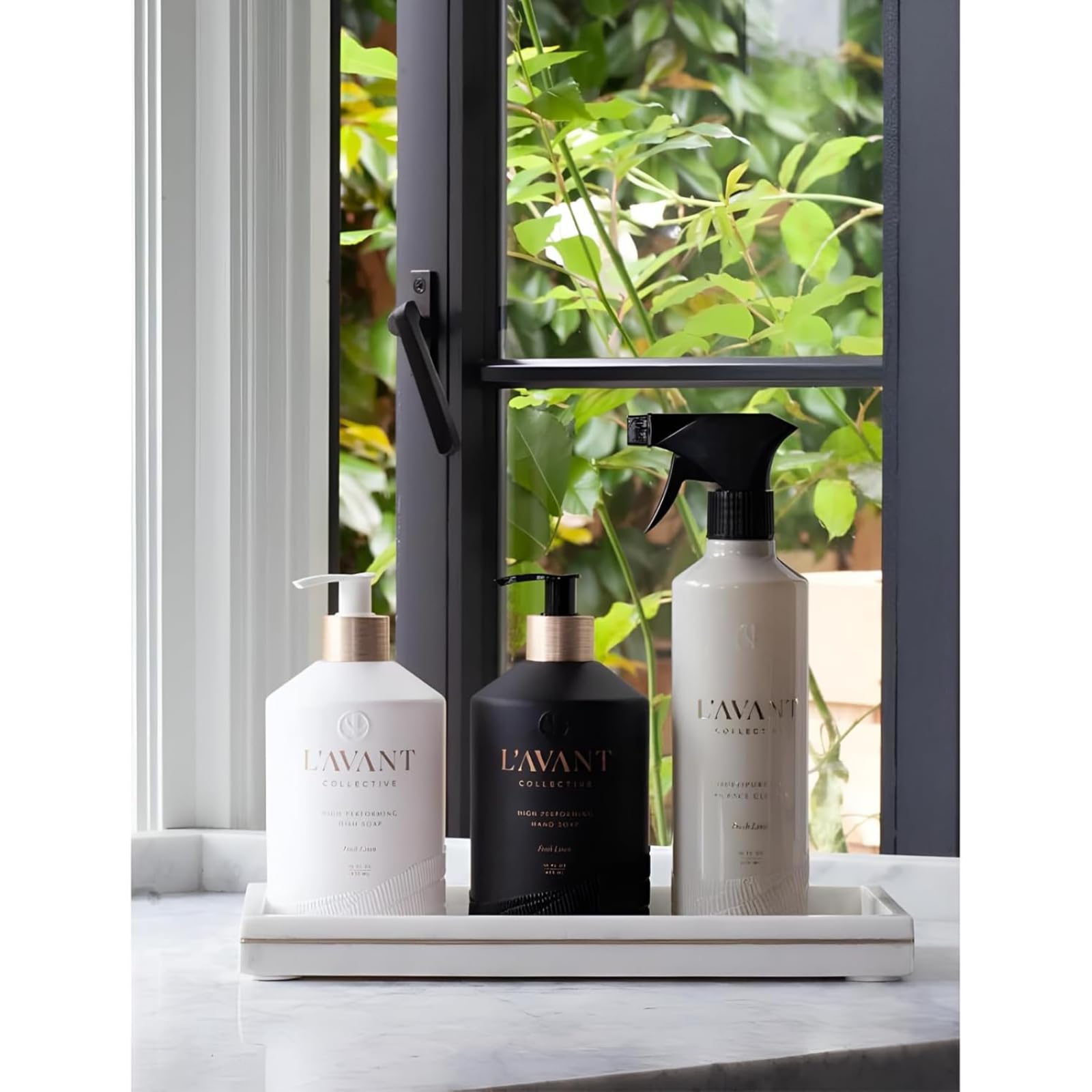 L'AVANT Collective Luxury Sink-Side Starter Bundle - Lucite Vanity Tray, Hand & Dish Soap, Hand Lotion in Reusable Glass Bottles & Bamboo Dish Scrubber | Elegant Kitchen & Bathroom Essentials | Perfect Hostess Gift Set (Fresh Linen Scent) for Home Spa, Bridal Shower & Housewarming Parties