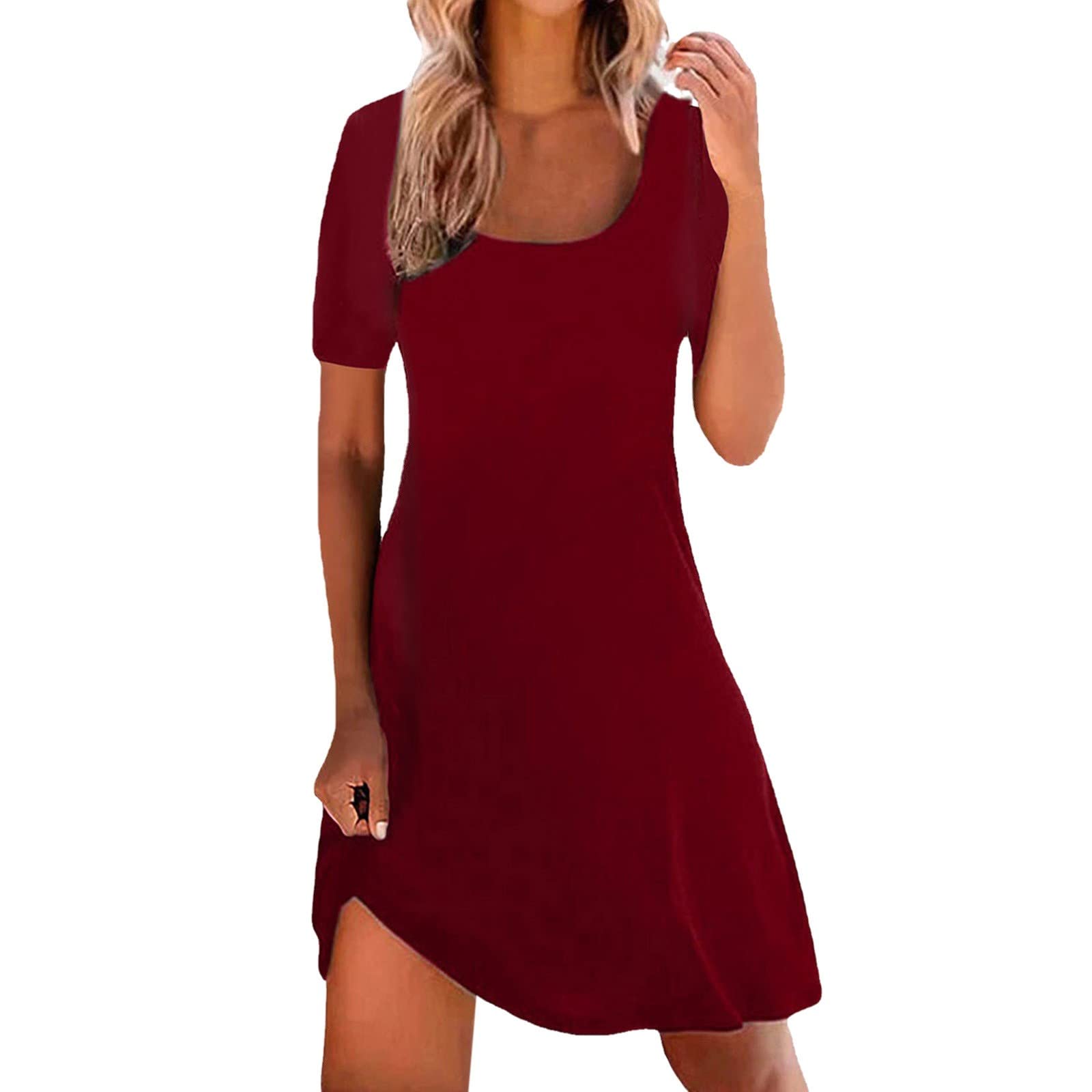 Women's Summer Casual Dress - Round Neck Short Sleeve Solid Color Sexy Flowy Dress for Beach, Party & Everyday Wear | Lightweight Comfortable Summer Fashion
