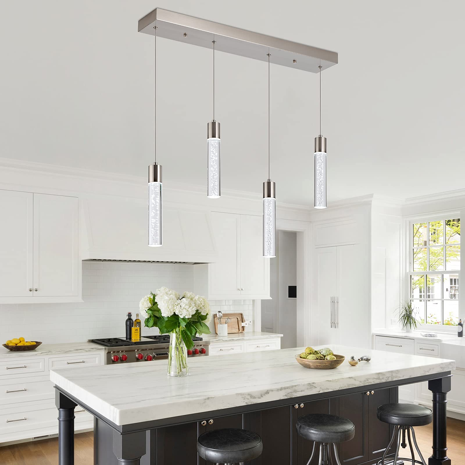 Modern 4-Light LED Pendant Lighting Fixture for Kitchen Island - 32W Crystal Bubble Chandelier with 6000K Daylight - Premium Hanging Ceiling Light for Dining Room, Bar Counter, and Home Decor