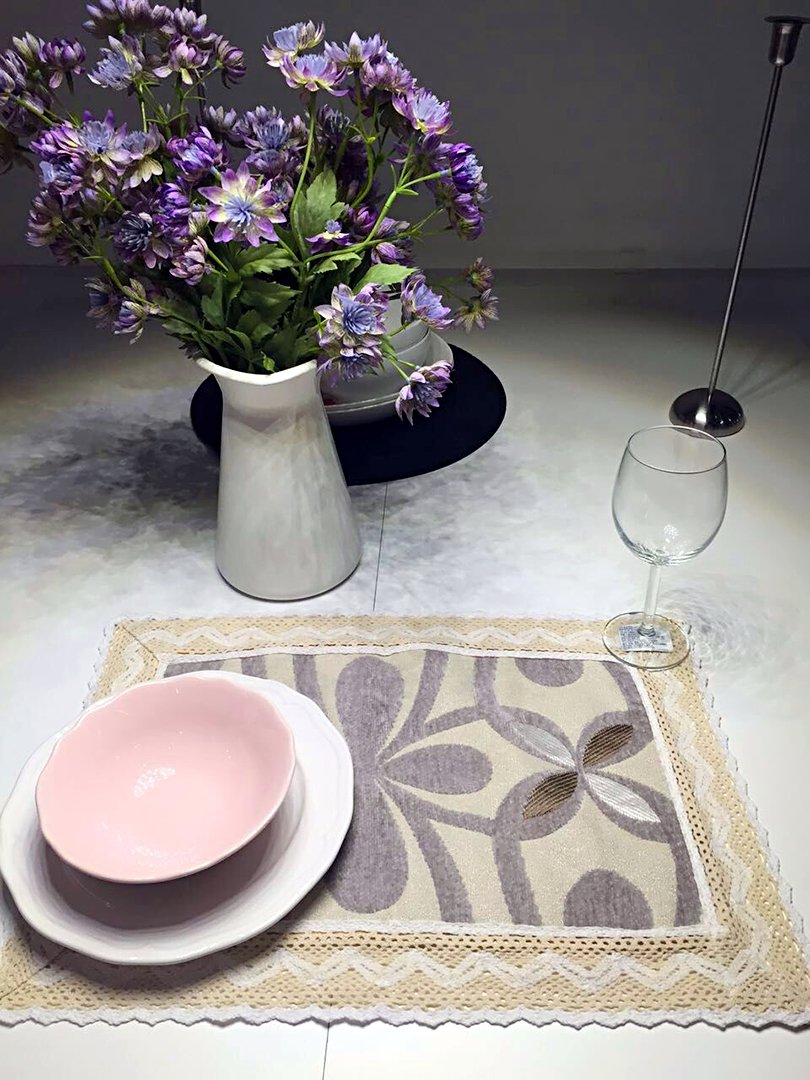 Soft Chenille & Cotton Lace Table Placemats Set of 4 - 14x20 Inch Gray Dining Table Decor for Formal Dinner, Holiday Party & Home Decor