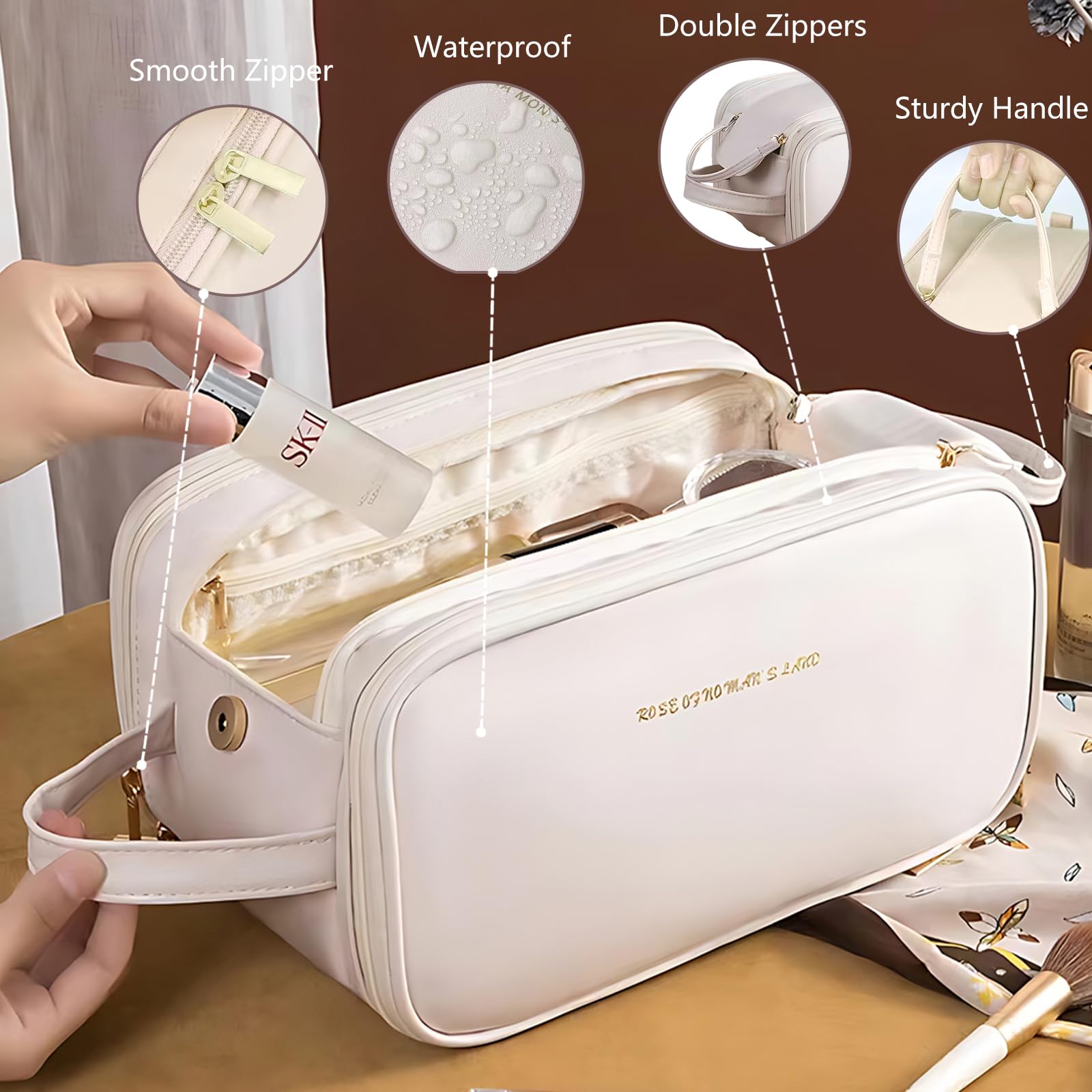 Large Capacity Waterproof PU Leather Travel Makeup Bag - Cosmetic Organizer with Multiple Compartments | Perfect for Vacation, Business Trips & Daily Beauty Essentials Storage (Beige)