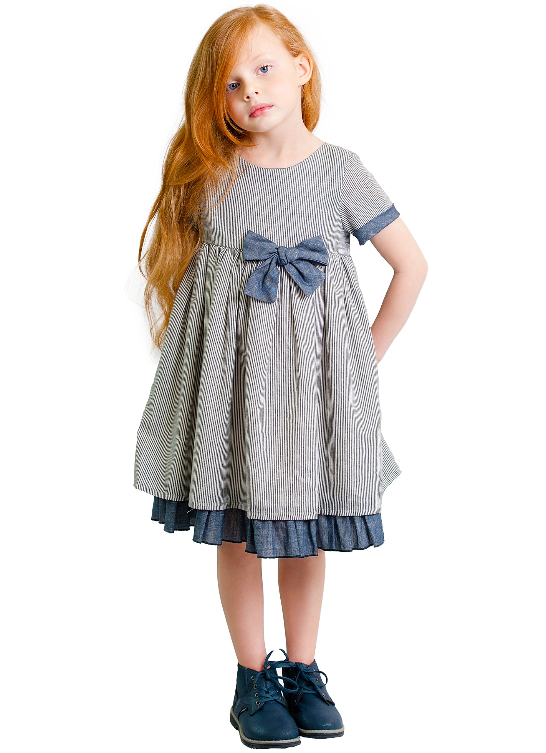 Navy Blue Striped Bow Party Dress for Girls - Cotton Linen Blend A-line Easter Dress for Special Occasions, Birthday Parties & Spring Celebrations