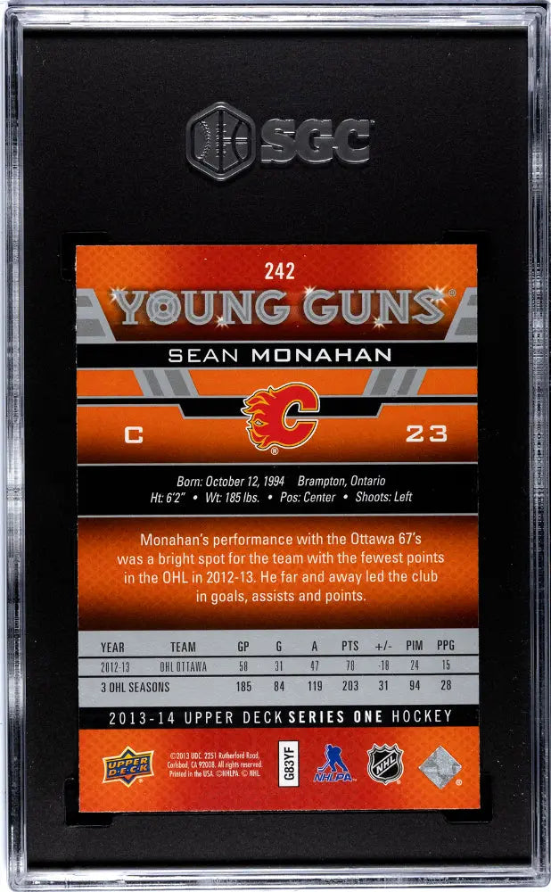2013-14 Upper Deck Series 1 Hockey Sean Monahan Young Guns Rookie Card SGC 10 Gem Mint - Perfect for Hockey Card Collectors & NHL Fans, Great for Display or Investment
