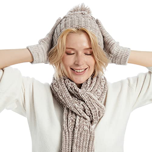 Cozy Fleece Lined Cable Knit Beanie Hat, Scarf & Gloves Set for Women & Men - Winter Warm Accessories for Skiing, Snowboarding & Outdoor Activities