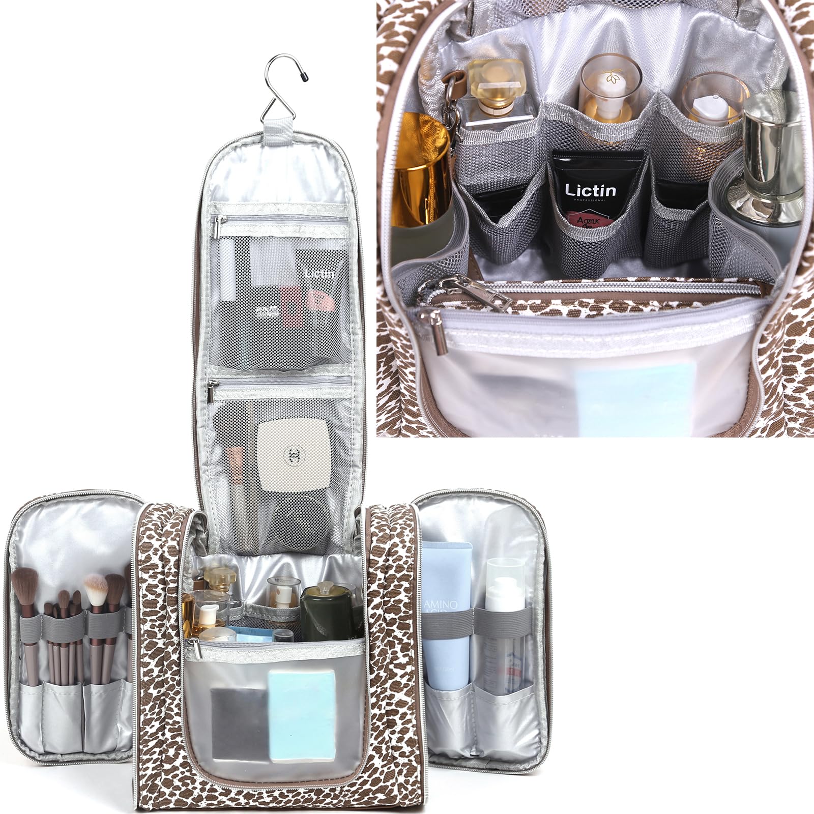 Leopard Print Hanging Travel Toiletry Bag for Women - Large Capacity Cosmetic & Makeup Organizer - Perfect for Vacation, Business Trips & Gym Essentials