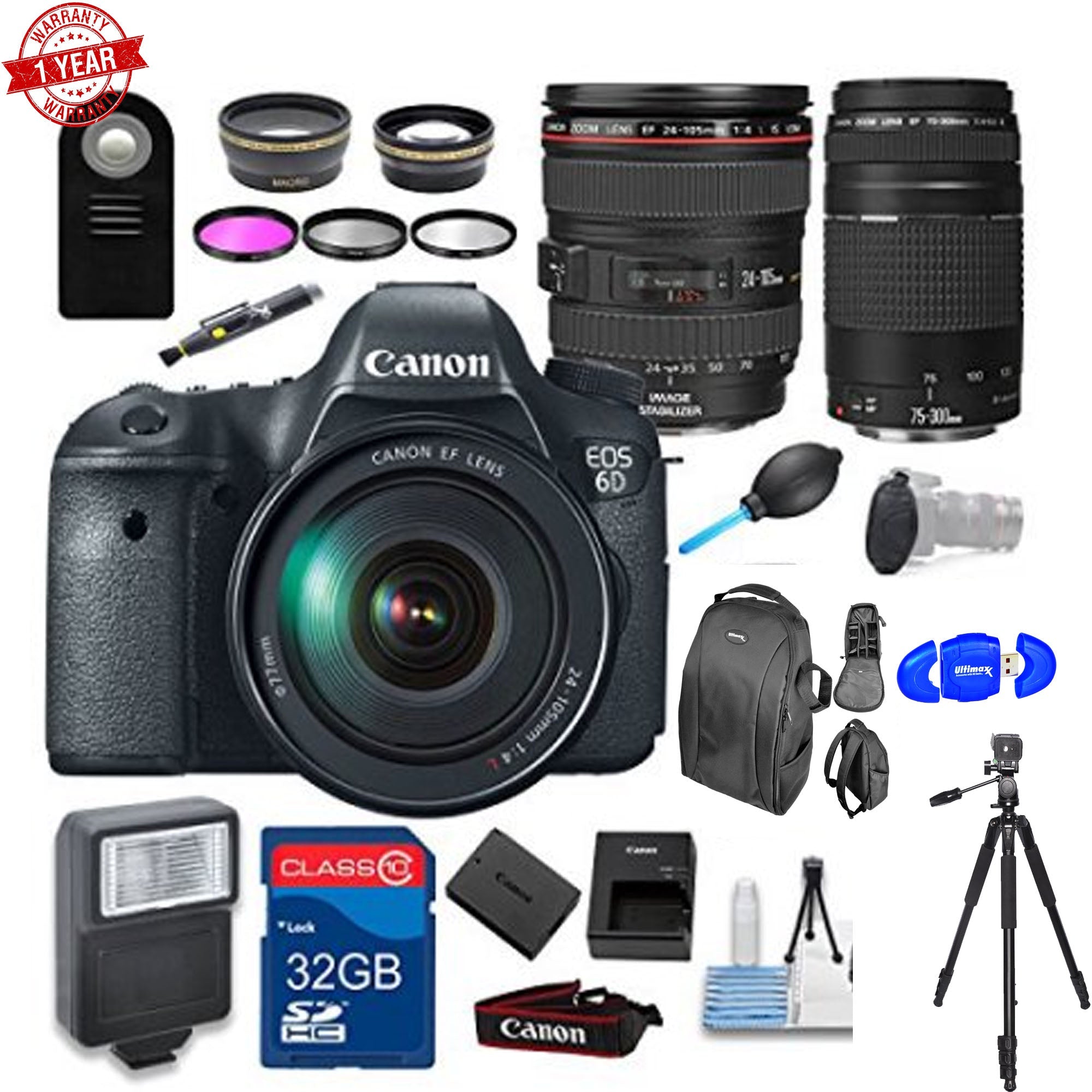 Canon EOS 6D Full Frame DSLR Camera Bundle with EF 24-105mm f/4L IS USM Lens & EF 75-300mm III Telephoto Lens - 32GB Memory Card & Accessories Kit for Professional Photography, Travel & Wildlife Shooting