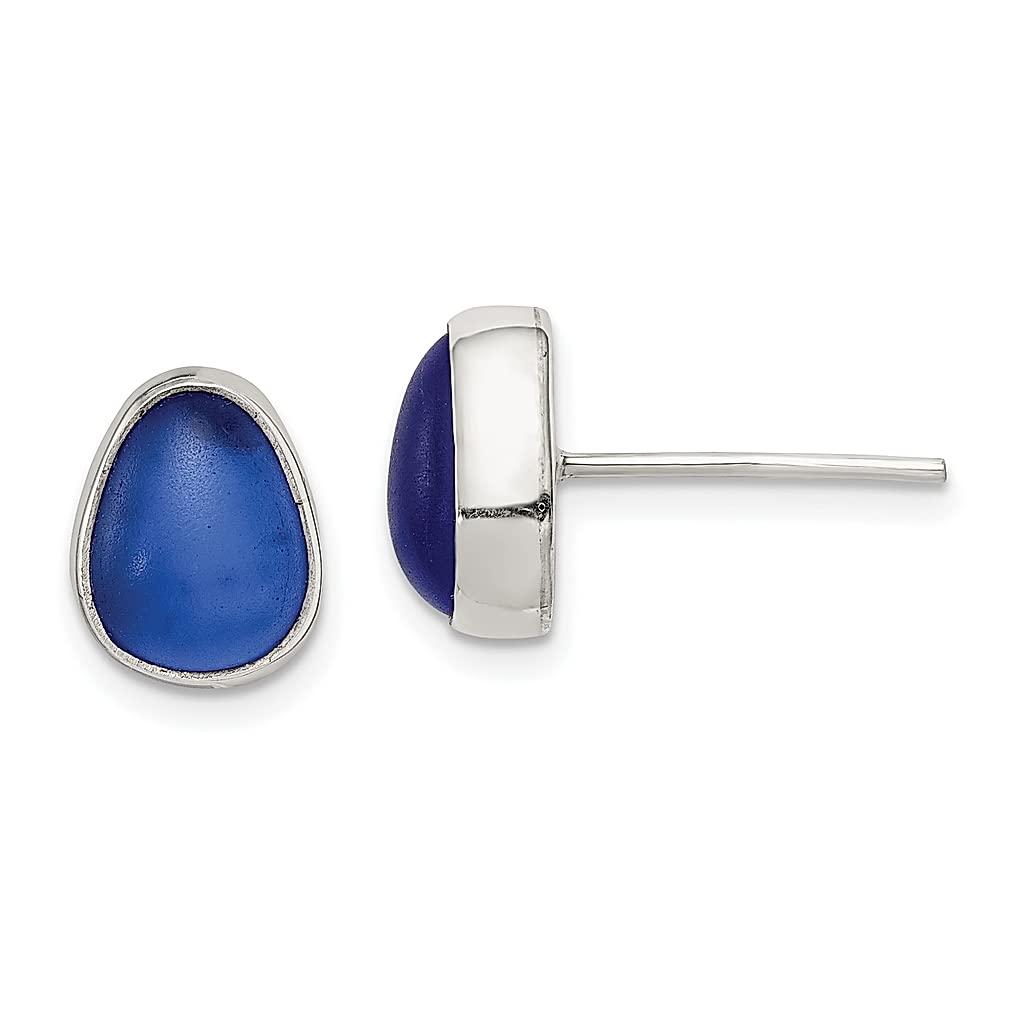 925 Sterling Silver Blue Sea Glass Stud Earrings - Women's Fine Jewelry Gift for Beach Lovers