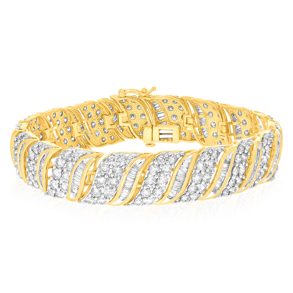 9ct Yellow Gold 10.6 Carat Diamond Tennis Bracelet - 18.5cm Women's Luxury Jewelry with Brilliants & Baguettes - Perfect for Weddings, Anniversaries & Special Occasions