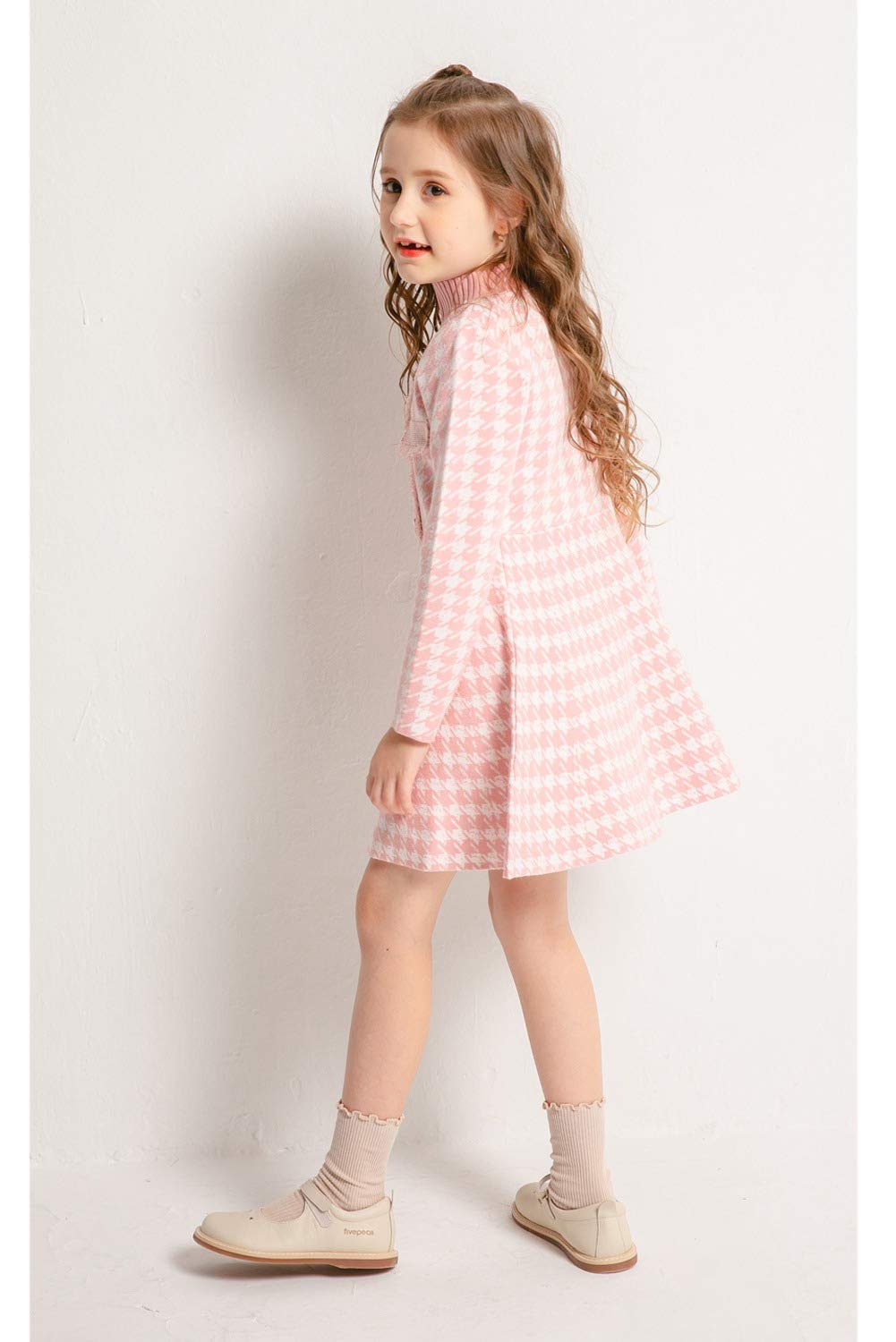 SMILING PINKER Girls Winter Knit Dress - Houndstooth Pattern Mock Neck Flare Sweater Dress for Toddler & Kids - Perfect for Christmas, Holiday Parties & Family Photos