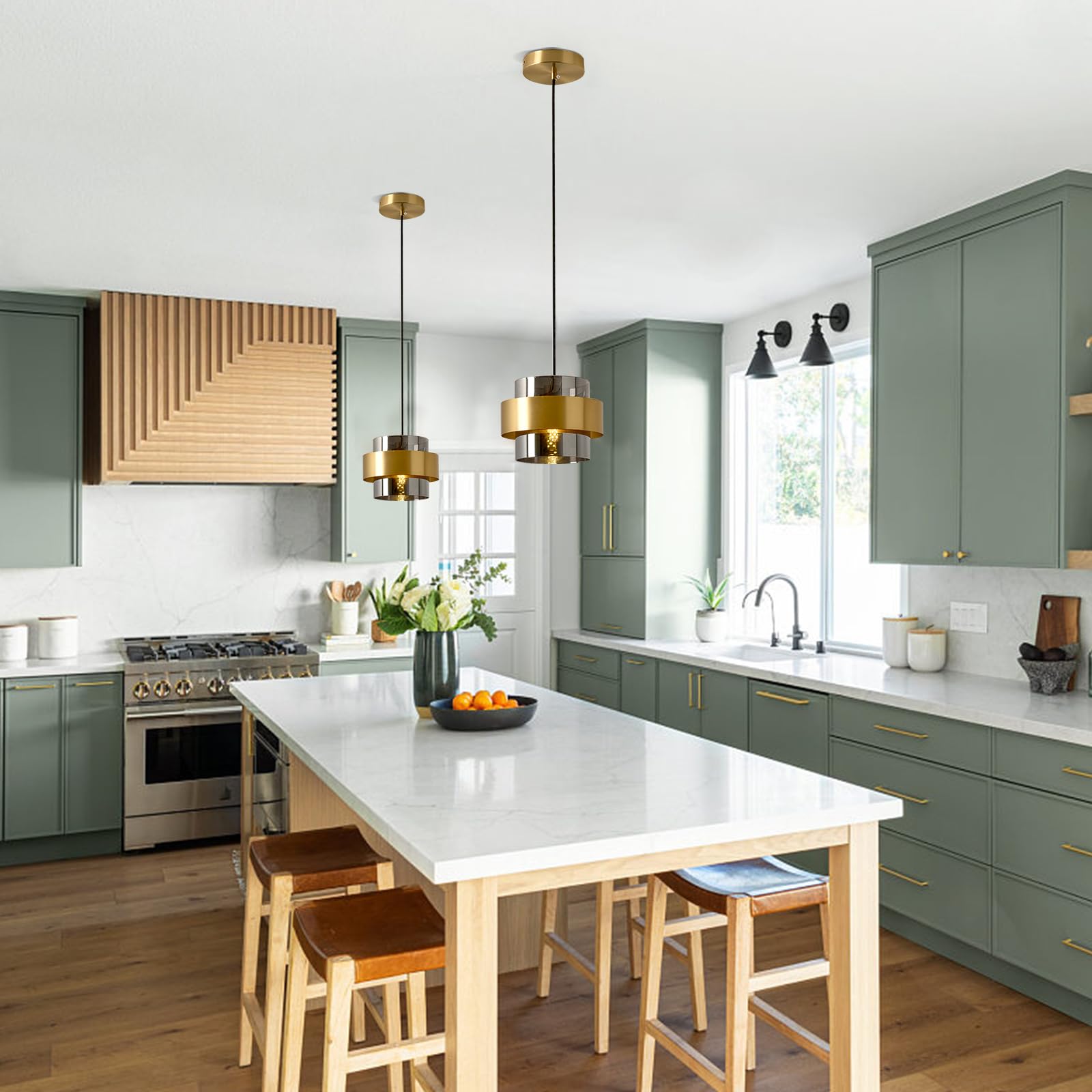 Gold Glass Pendant Light with Smoke Gray Shade - Mid Century Modern Kitchen Island Lighting for Dining Room, Bedroom, Living Room & Hallway | Perfect for Farmhouse, Industrial & Contemporary Decor