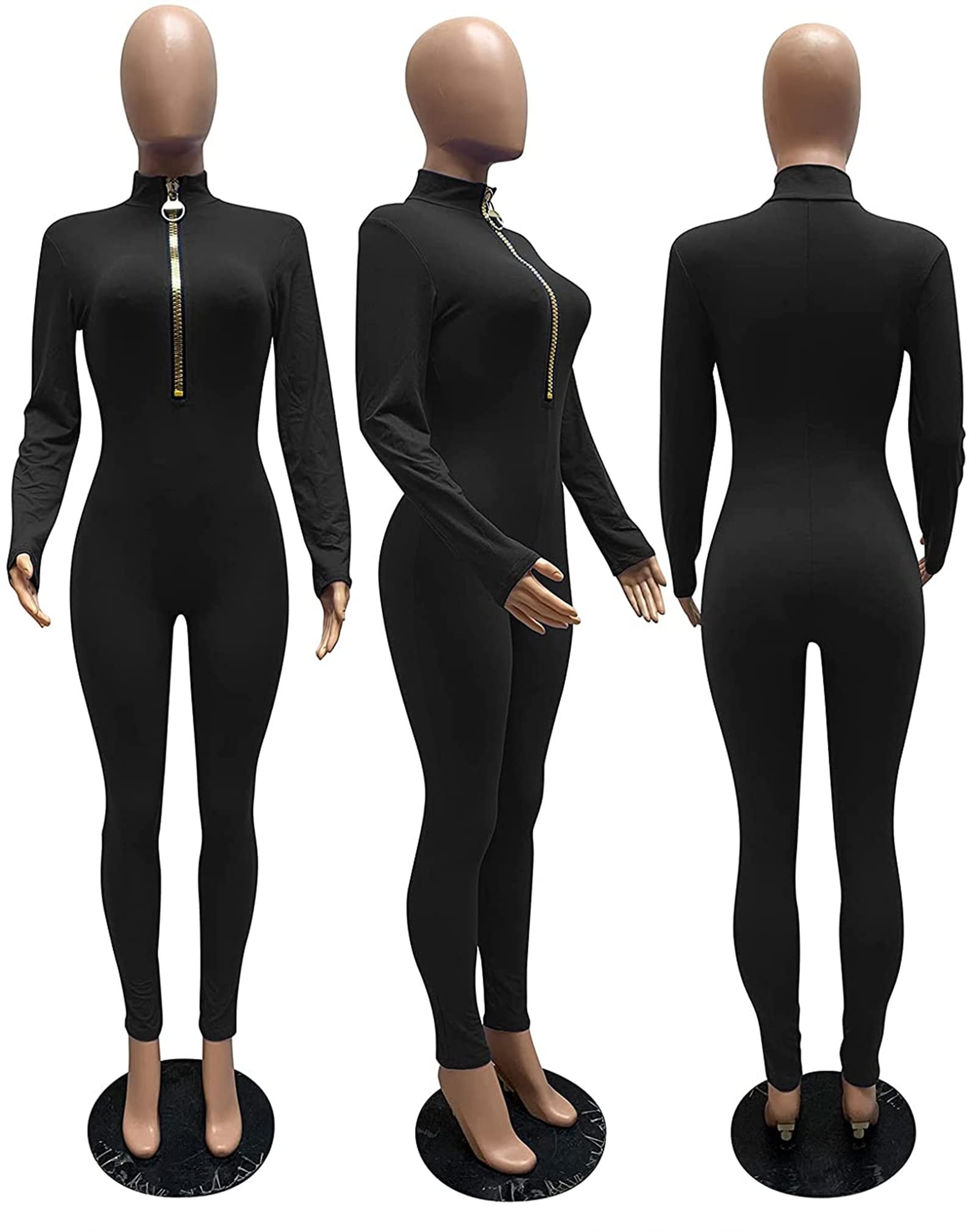 Sexy Women's Bodycon Jumpsuit with V-Neck & Long Sleeves - Stretchy Zipper One Piece Outfit for Club, Date Night & Evening Parties