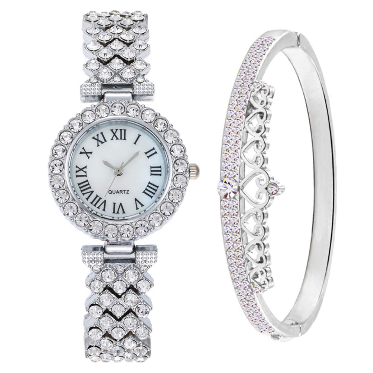 Luxury Diamond Quartz Watch for Women - Elegant Ladies Wristwatch with Crown Bangle Set, Perfect Gift for Birthday, Anniversary & Special Occasions | Formal Events, Office Wear & Evening Parties