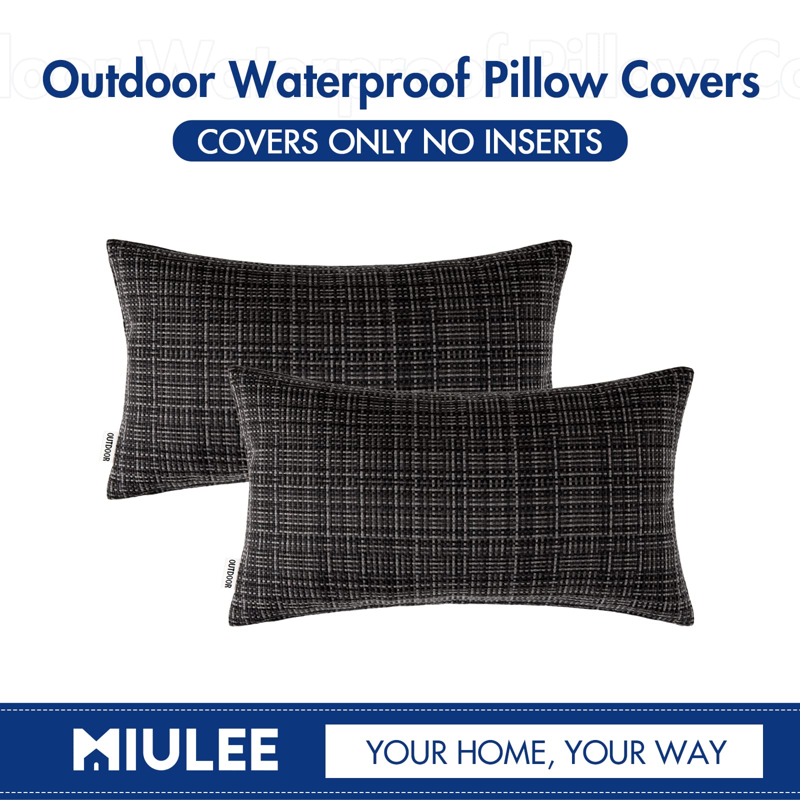 MIULEE Waterproof Outdoor Throw Pillow Covers - Farmhouse Decorative Cushion Covers (12x20 Inch, Pack of 2, Black) - Water Resistant for Patio, Garden, Tent, Couch & Sofa - Perfect for Outdoor Decor, Camping & Home Styling